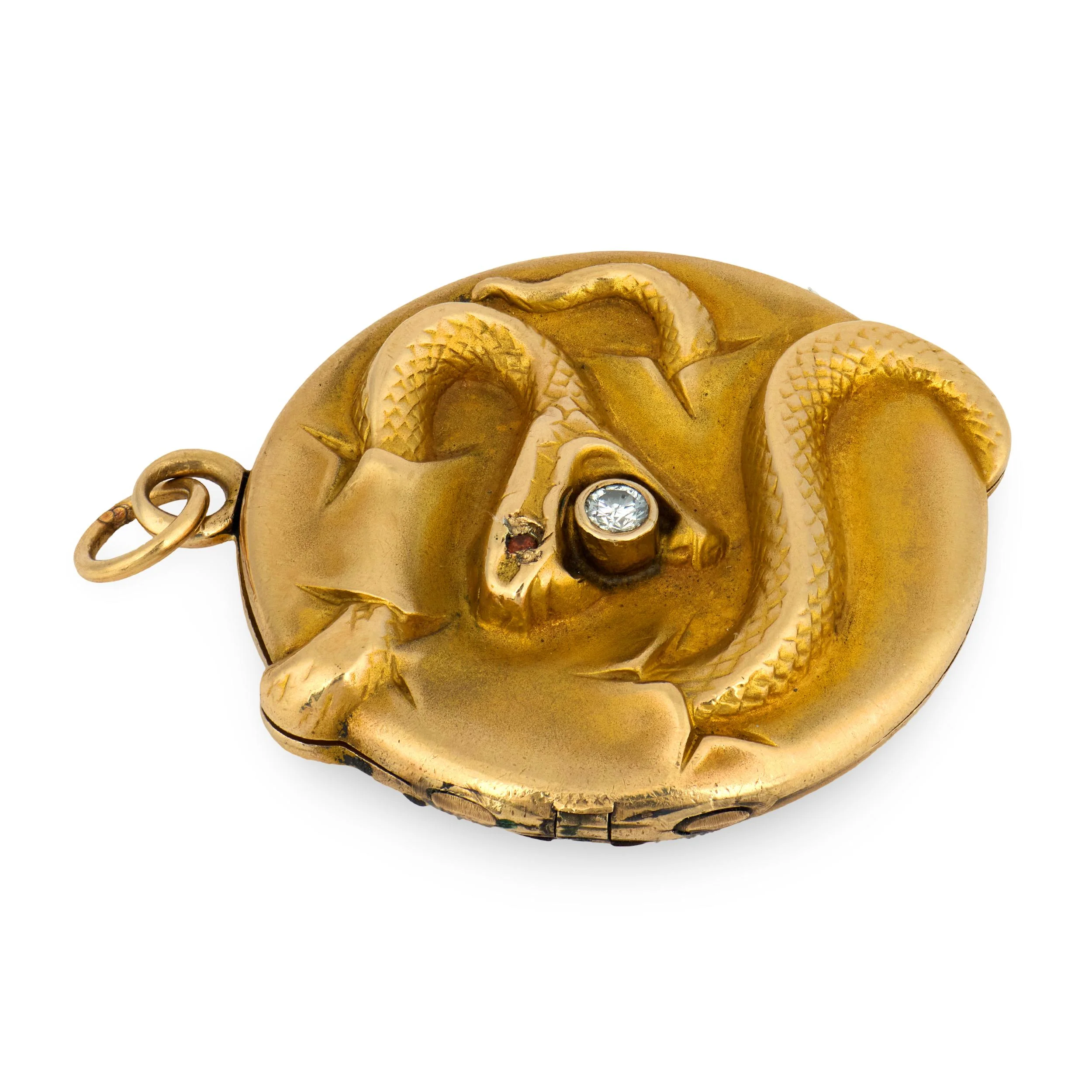 Edwardian 10k Diamond & Garnet Repousse Snake Locket Pendant - Image 4
