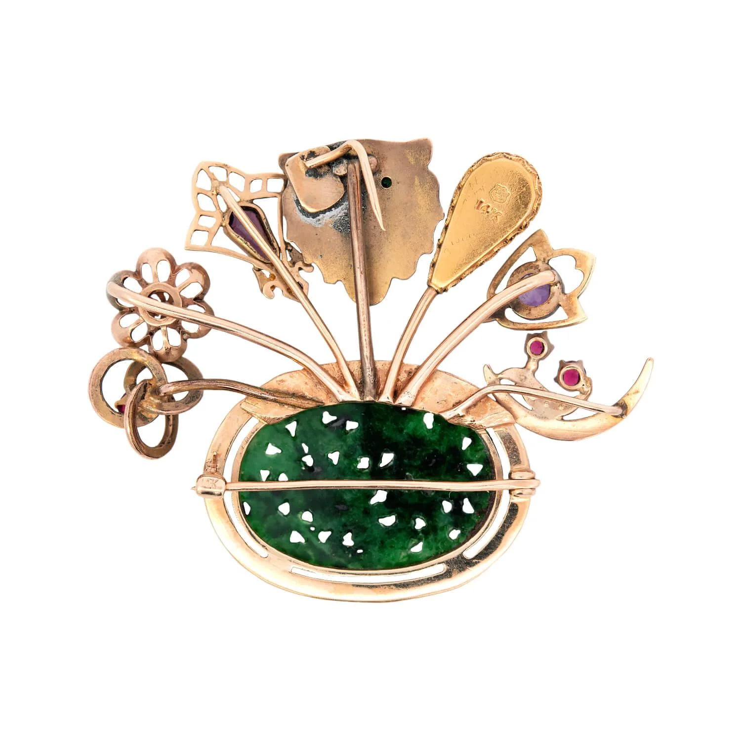 Edwardian 14k Jade Flower Basket Pin - Image 3