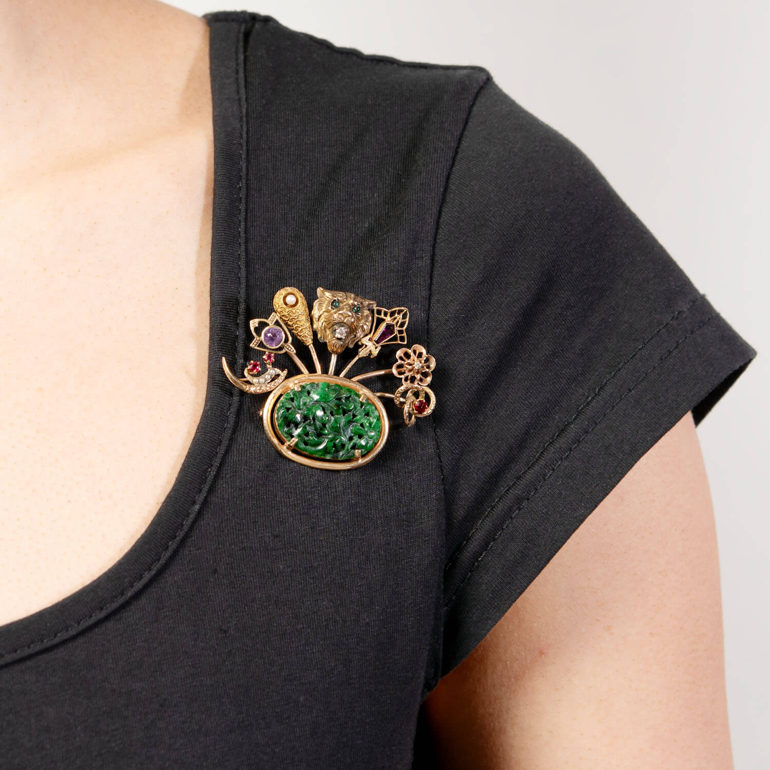 Edwardian 14k Jade Flower Basket Pin - Image 4
