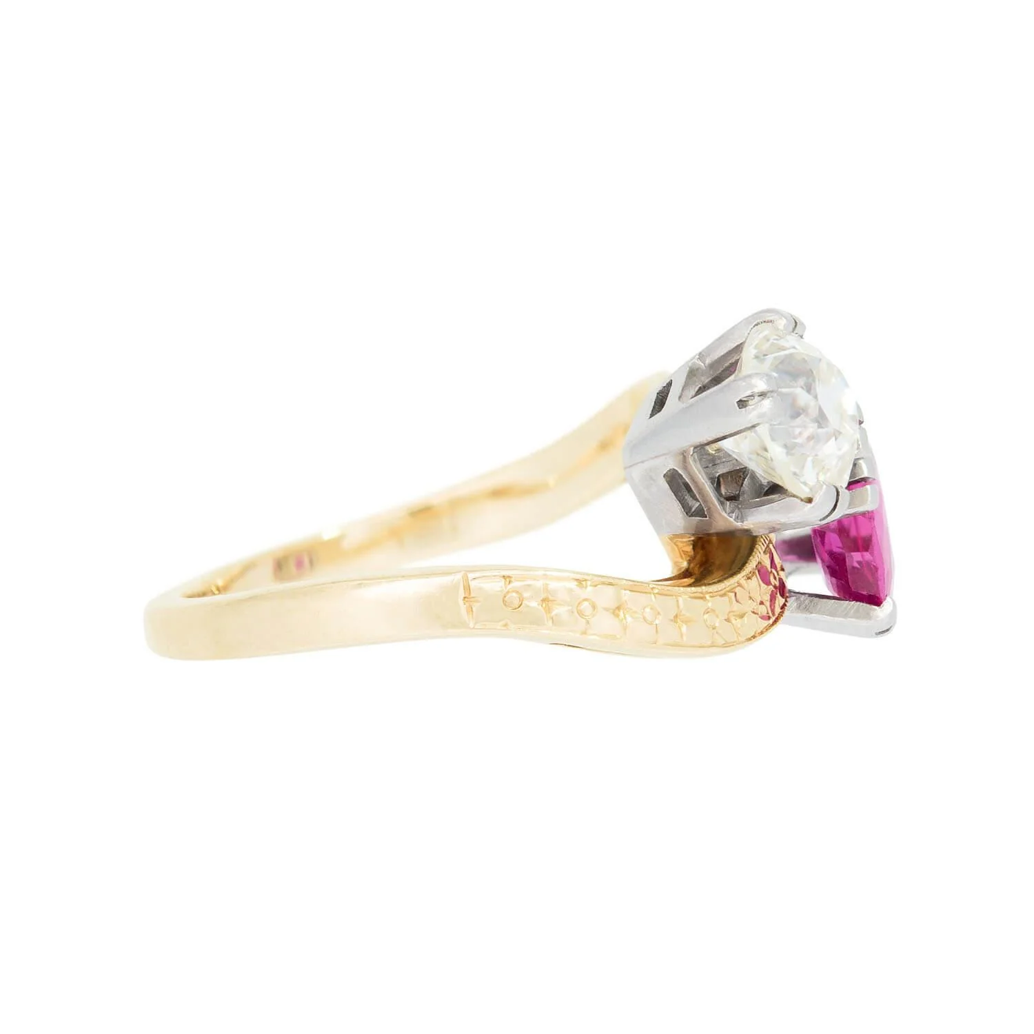 Edwardian 14k/Platinum Diamond and Ruby Moi Et Toi Ring - Image 3