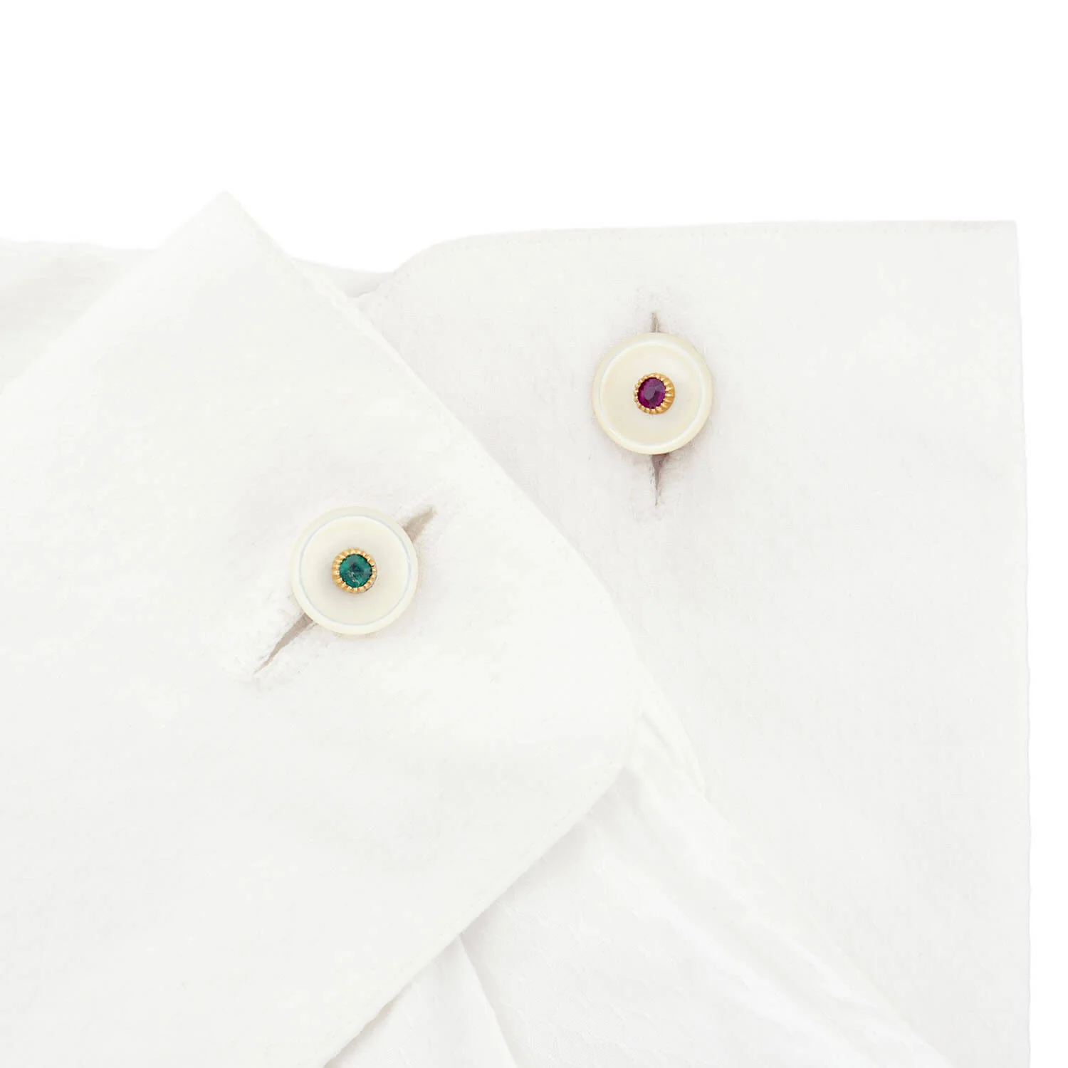 Edwardian 14k/Platinum Mother of Pearl, Diamond, Ruby, and Emerald Cufflinks - Image 5