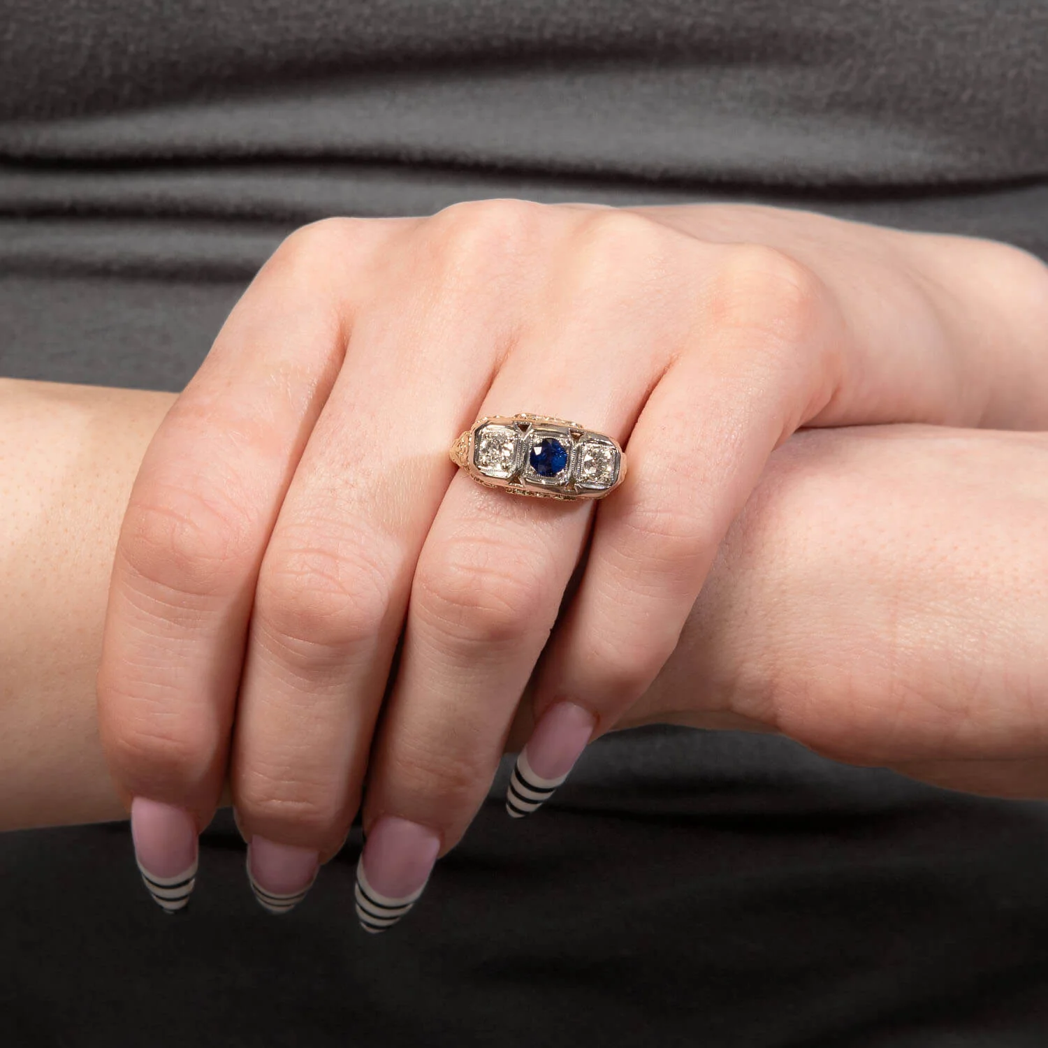 Edwardian 14k Sapphire & Diamond Three Stone Ring - Image 6