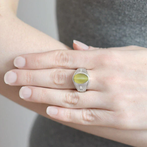 Edwardian 14kt Cat's Eye Chrysoberyl + Diamond Ring - Image 8