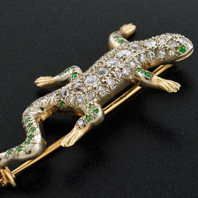 Edwardian 14kt Diamond & Demantoid Garnet Lizard Pin - Image 4
