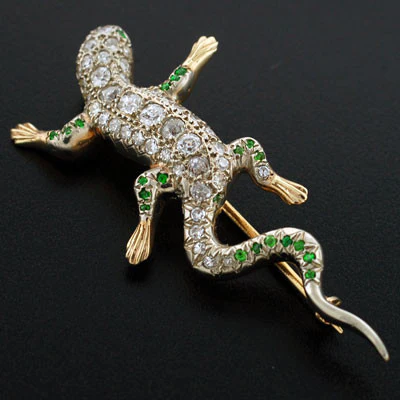 Edwardian 14kt Diamond & Demantoid Garnet Lizard Pin - Image 5
