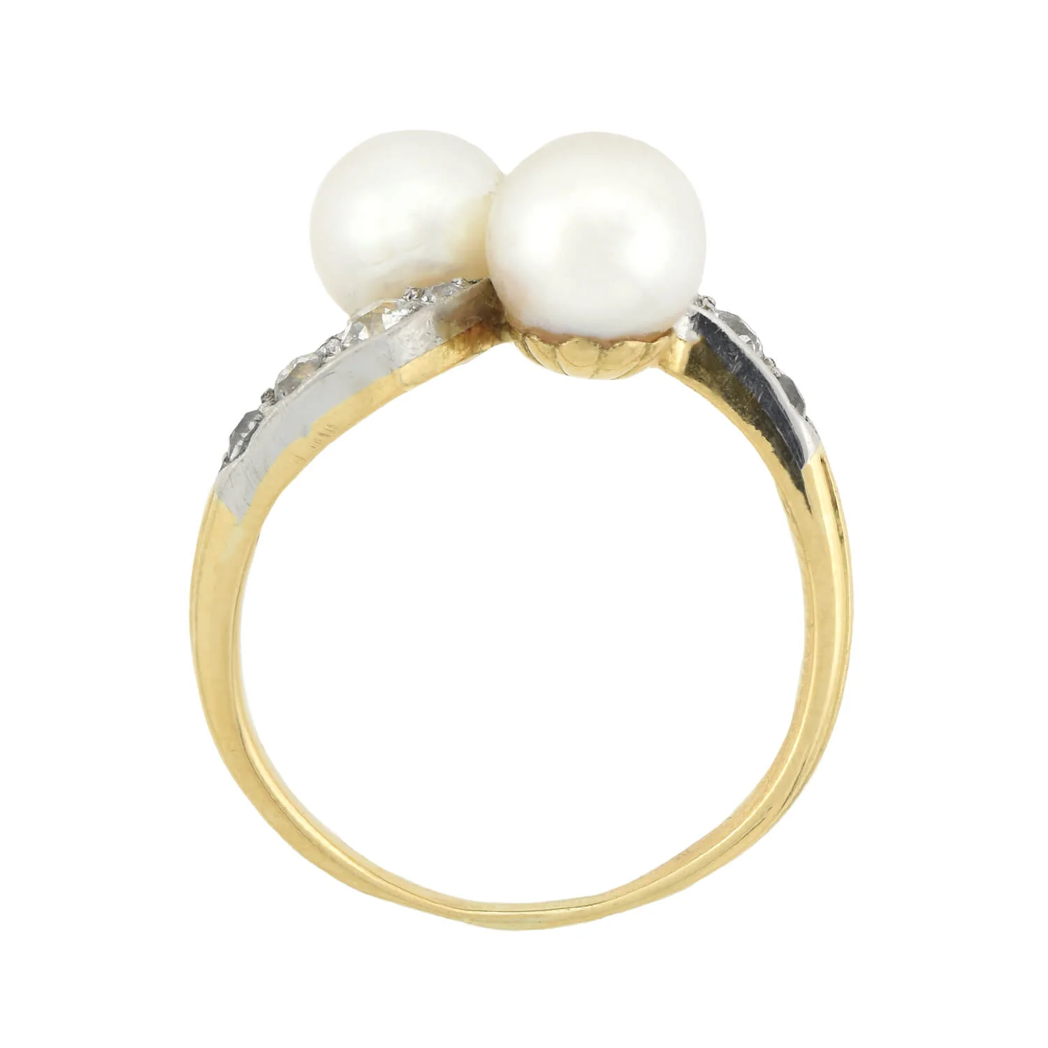Edwardian 14kt/Platinum Diamond + Natural Pearl Bypass Ring - Image 3