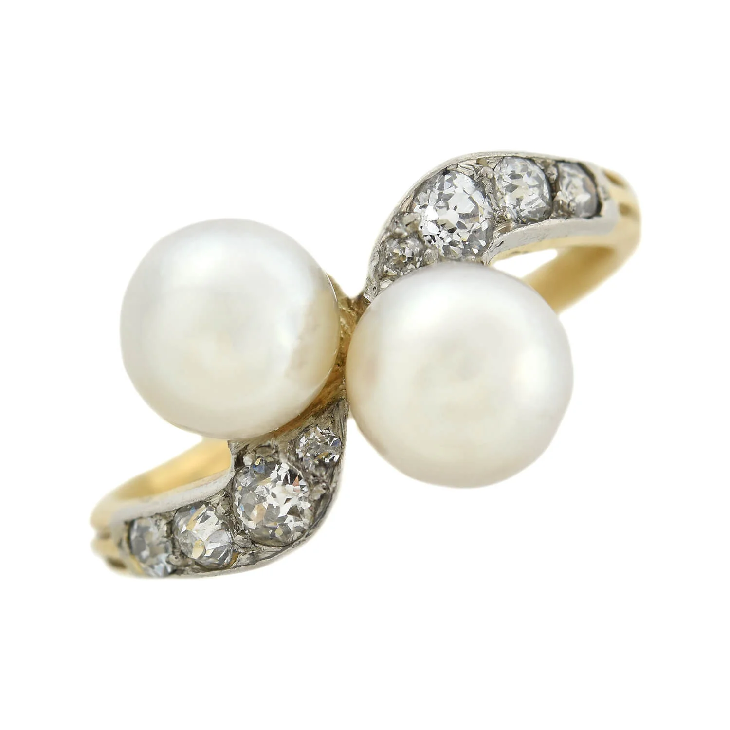 Edwardian 14kt/Platinum Diamond + Natural Pearl Bypass Ring - Image 4