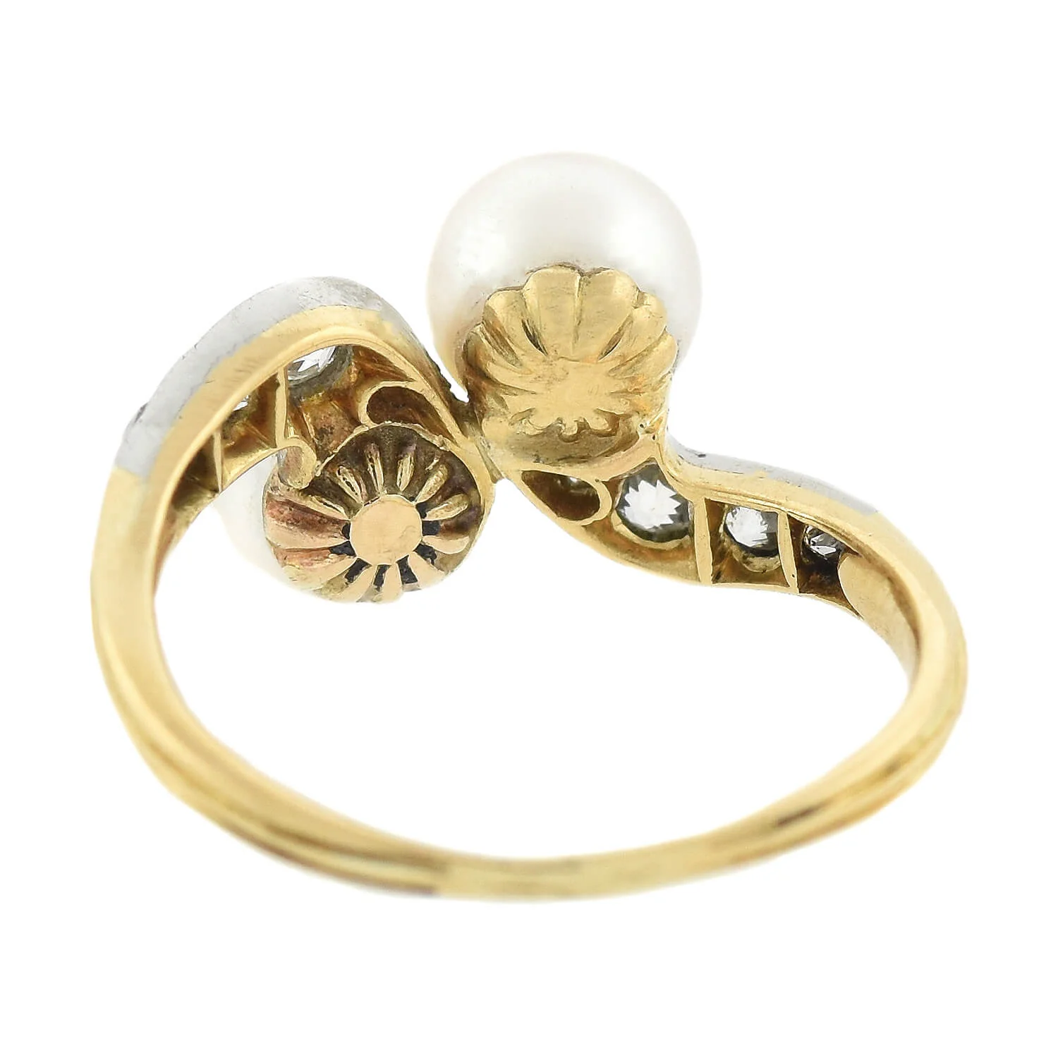Edwardian 14kt/Platinum Diamond + Natural Pearl Bypass Ring - Image 5