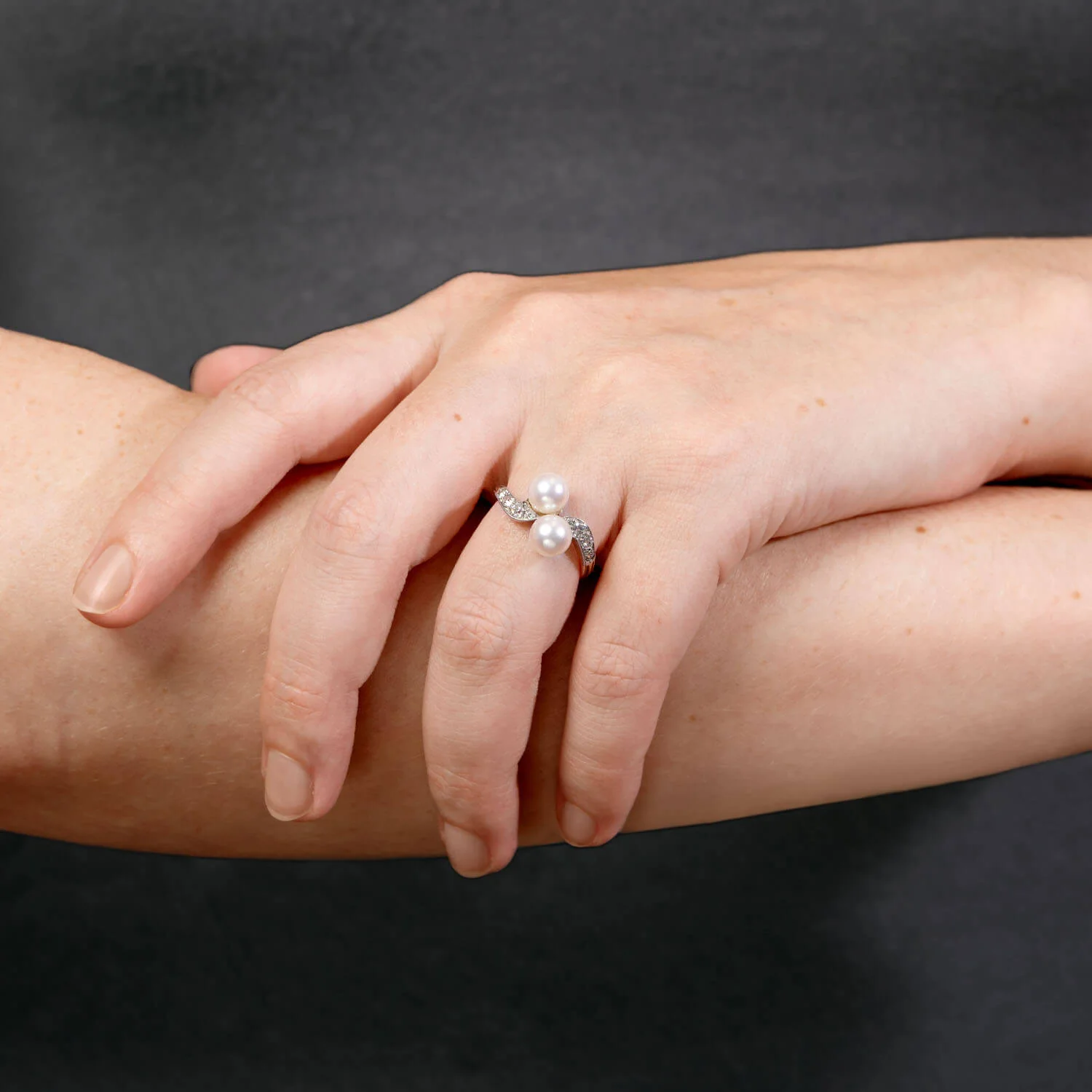 Edwardian 14kt/Platinum Diamond + Natural Pearl Bypass Ring - Image 6