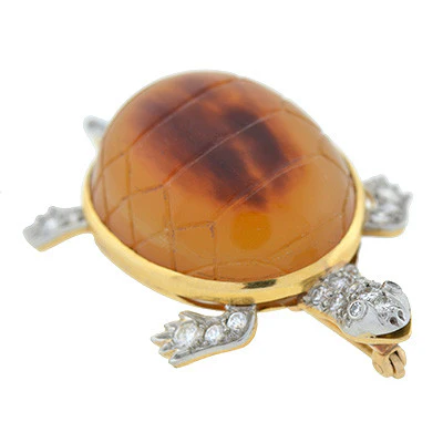 Edwardian 14kt & Platinum Tortoise Shell Turtle Pin - Image 3