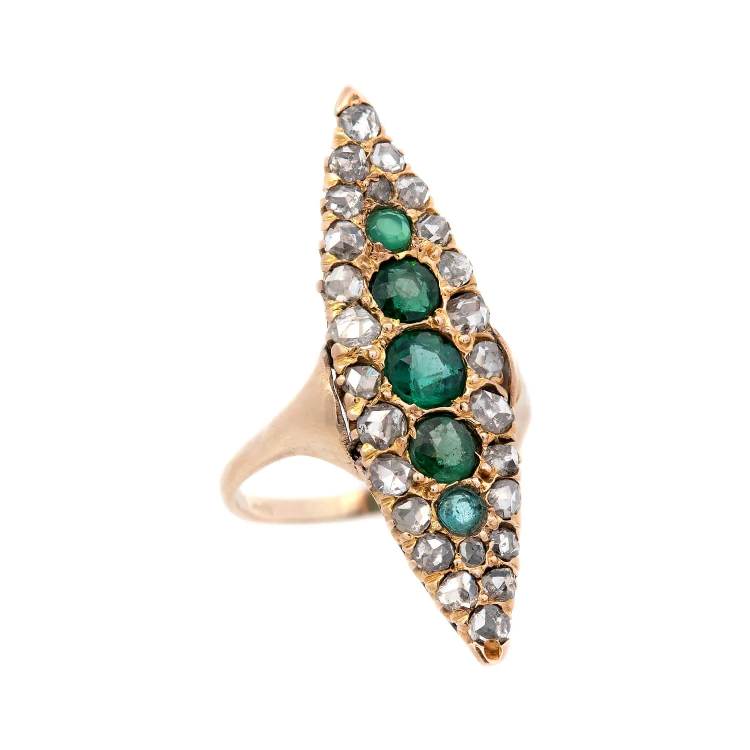 Edwardian 18k Diamond and Emerald Navette Ring - Image 2