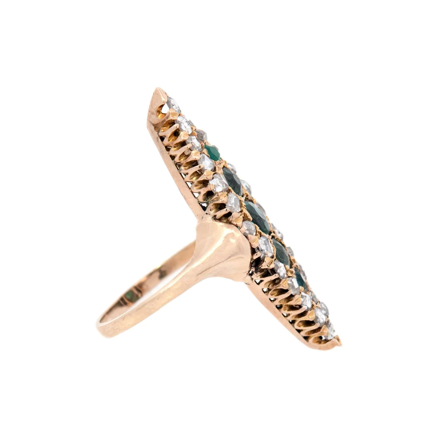 Edwardian 18k Diamond and Emerald Navette Ring - Image 3