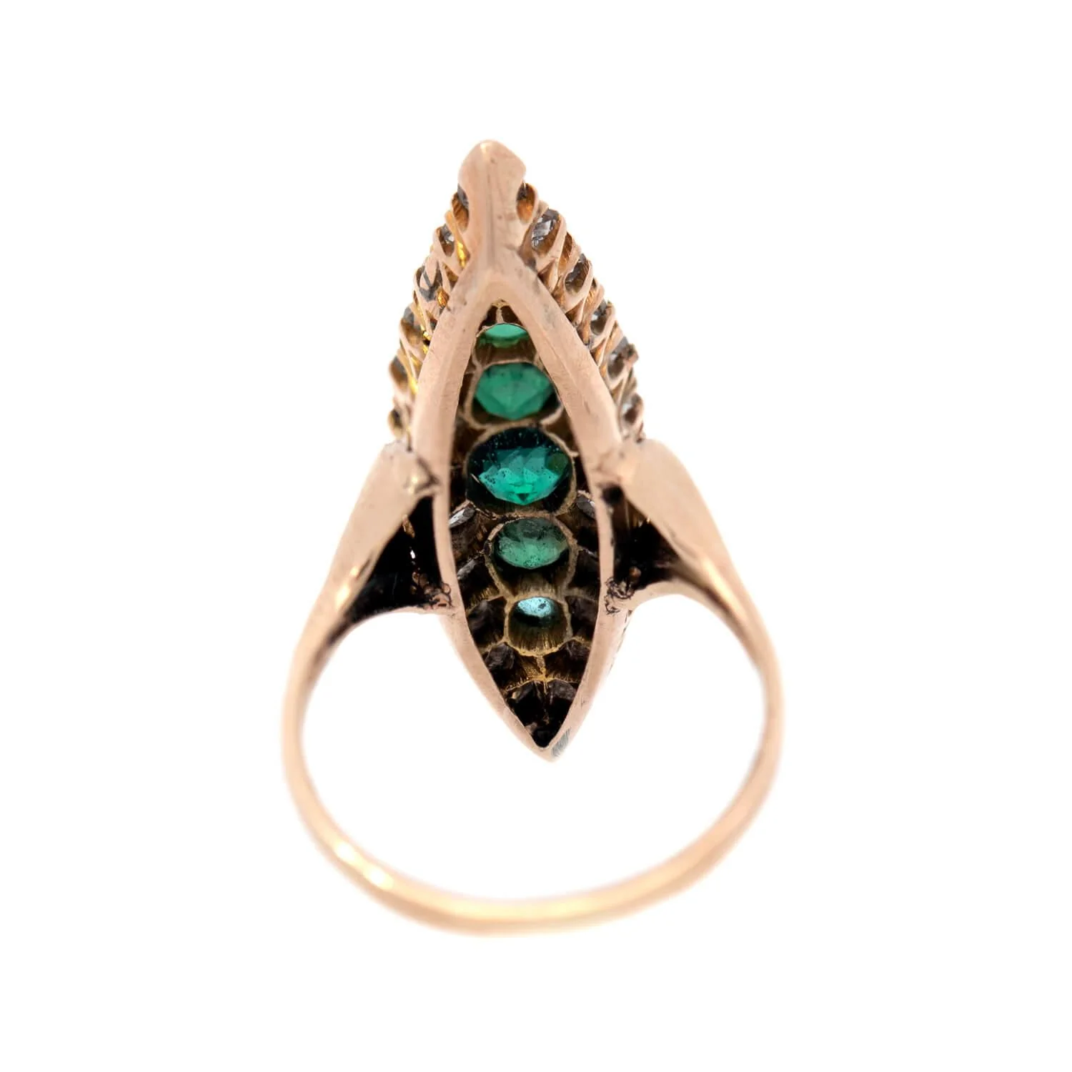 Edwardian 18k Diamond and Emerald Navette Ring - Image 6