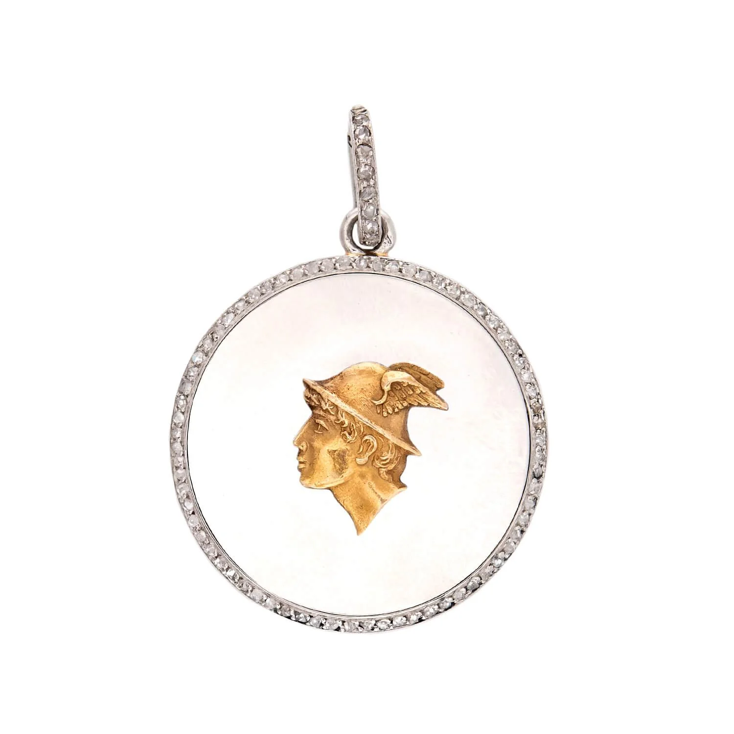 Edwardian 18k/Platinum Diamond Hermes-Motif Disc Pendant