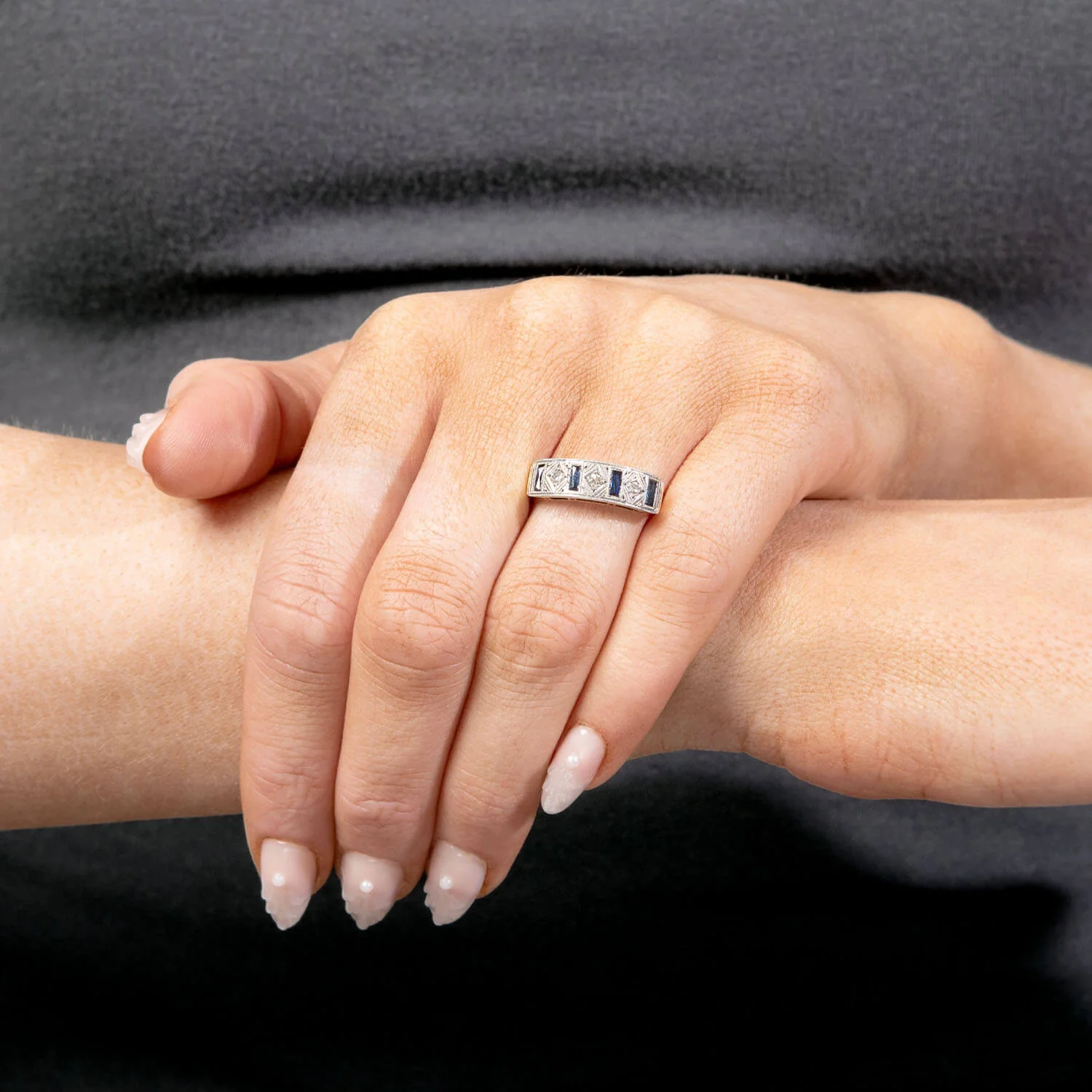 Edwardian 18k Platinum Diamond Sapphire Ring - Image 6