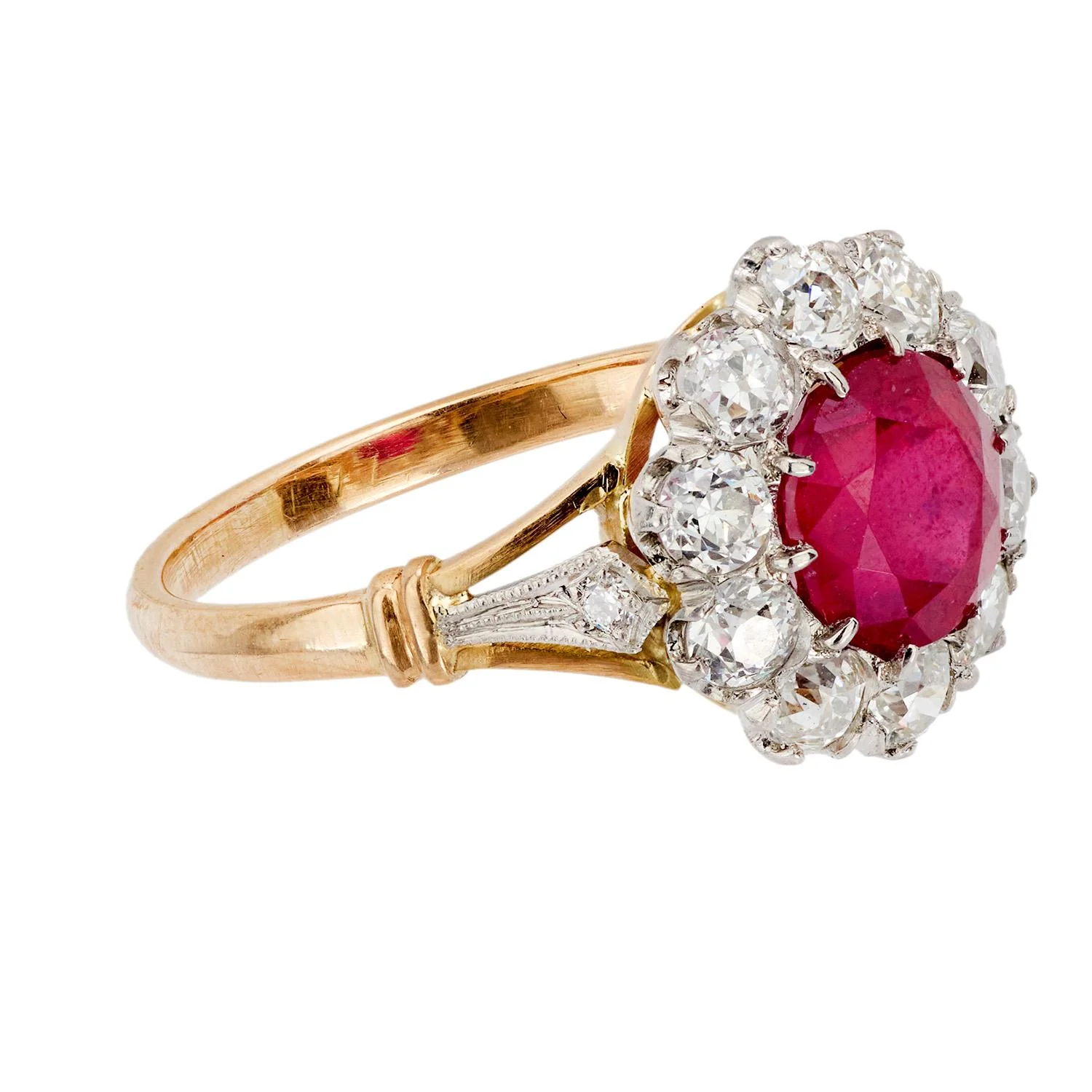 Edwardian 18k/Platinum Ruby and Diamond Halo Ring - Image 3