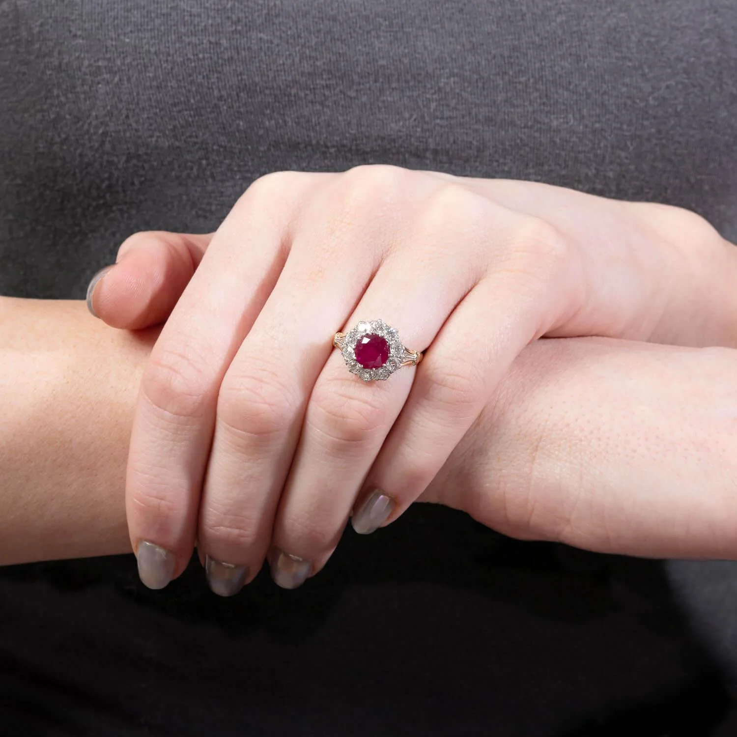 Edwardian 18k/Platinum Ruby and Diamond Halo Ring - Image 5