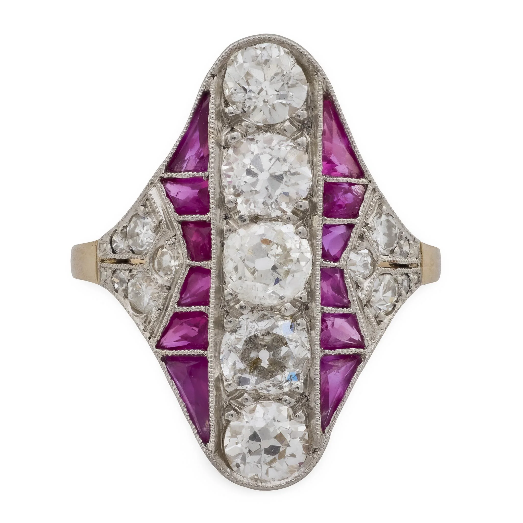 Edwardian 18k/Platinum Ruby & Diamond Navette Ring - Image 2
