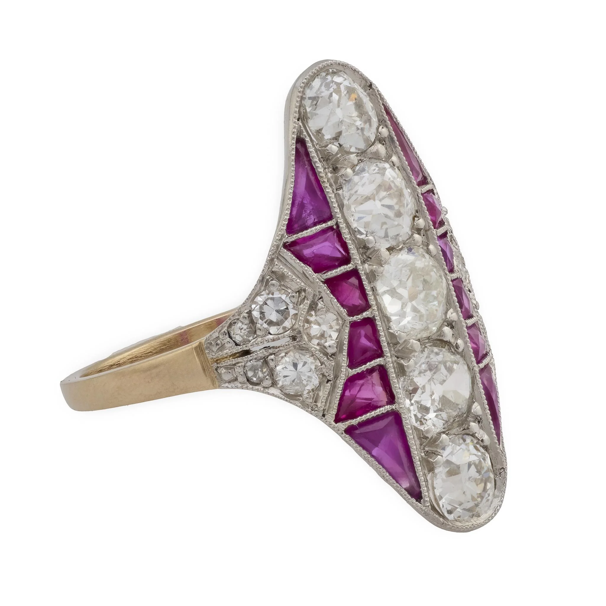 Edwardian 18k/Platinum Ruby & Diamond Navette Ring - Image 3