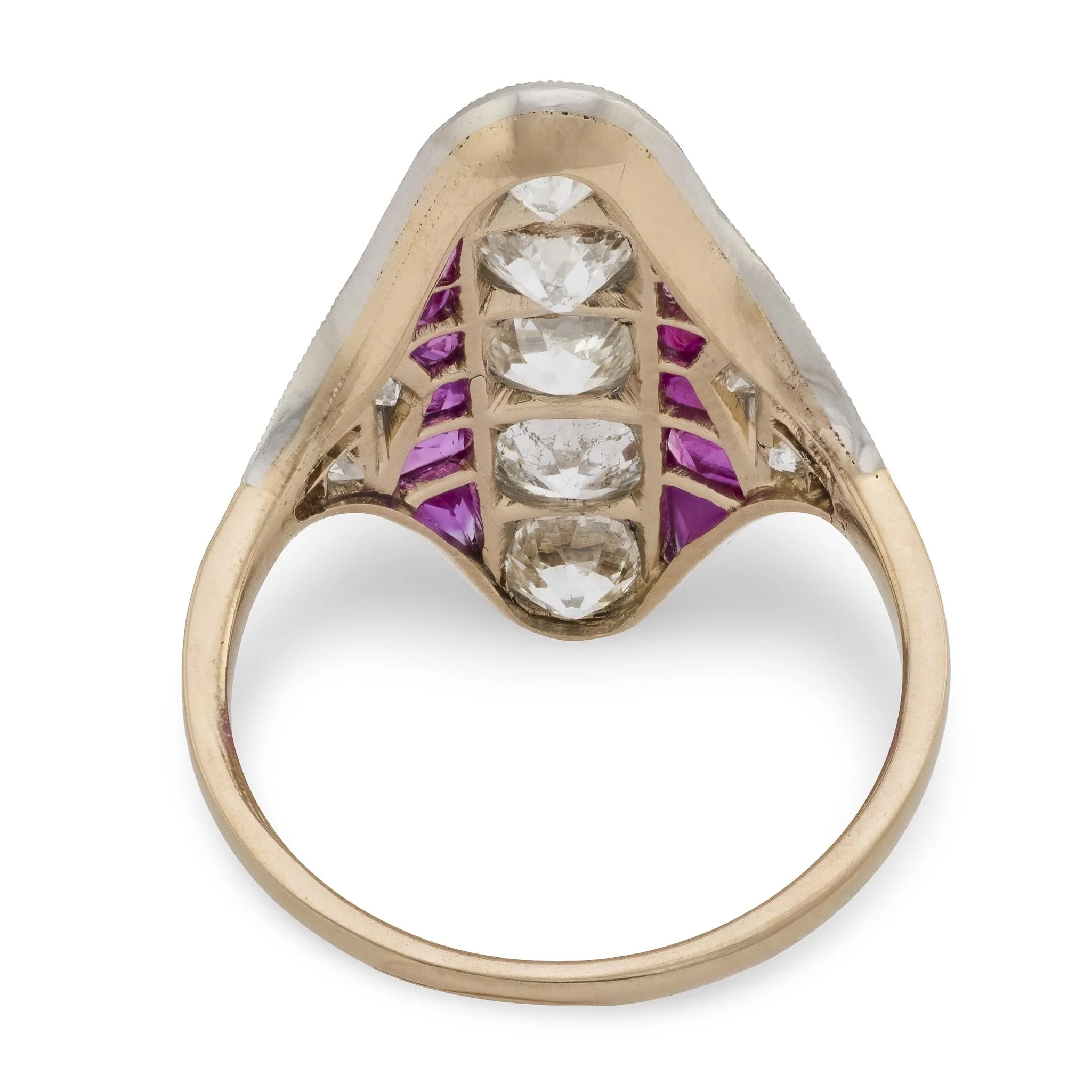Edwardian 18k/Platinum Ruby & Diamond Navette Ring - Image 5