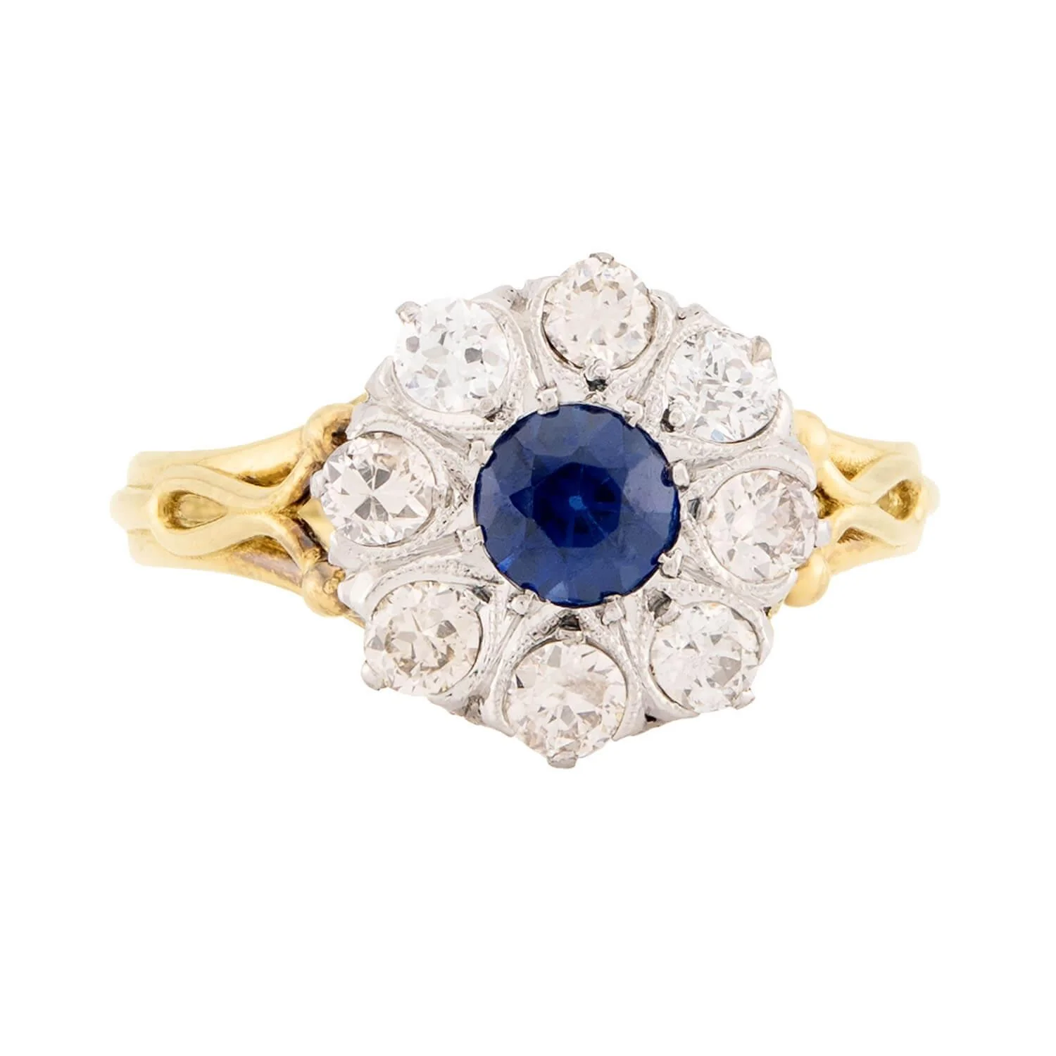 Edwardian 18k/Platinum Sapphire and Diamond Halo Ring - Image 2