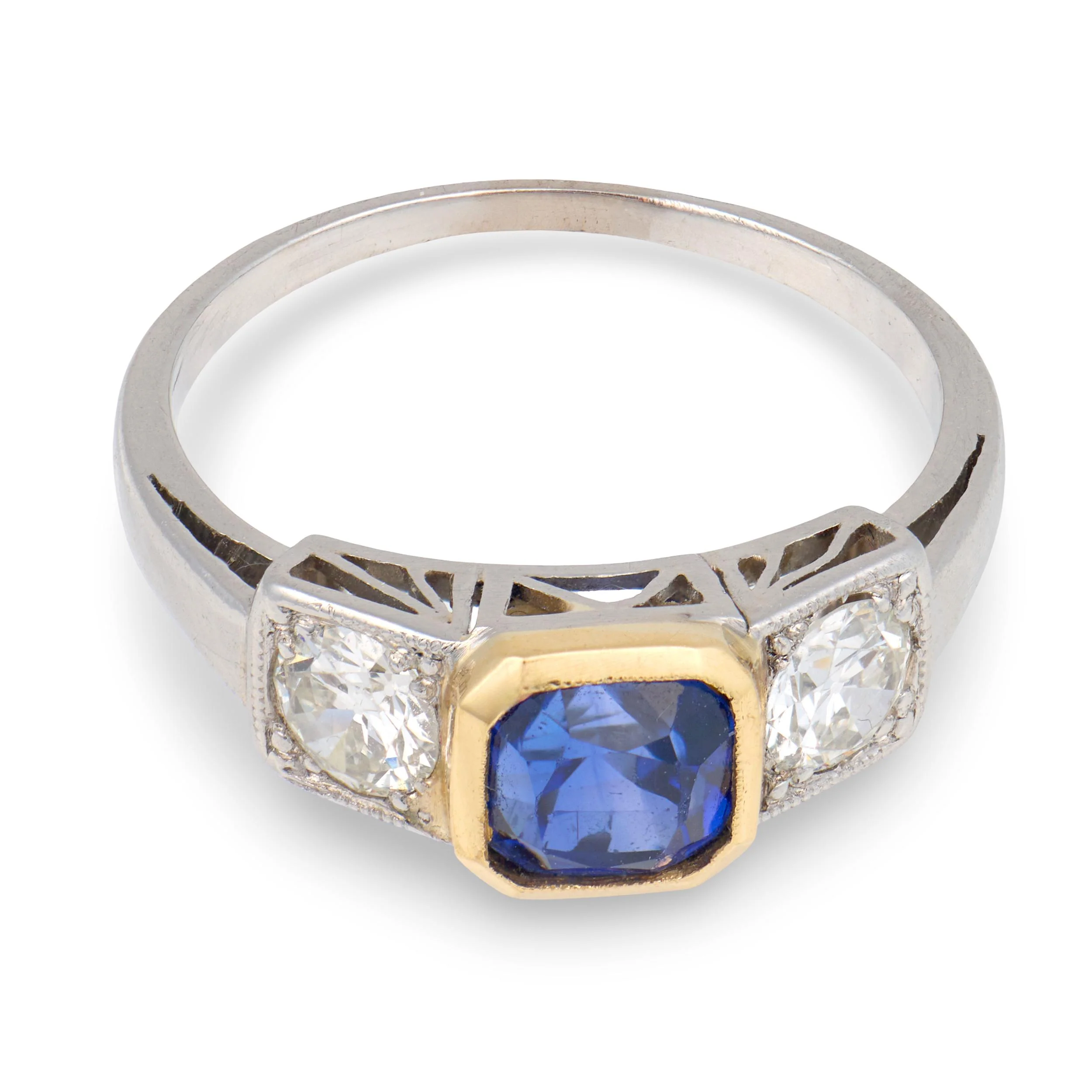 Edwardian 18k/Platinum Sapphire & Diamond Three Stone Ring - Image 2
