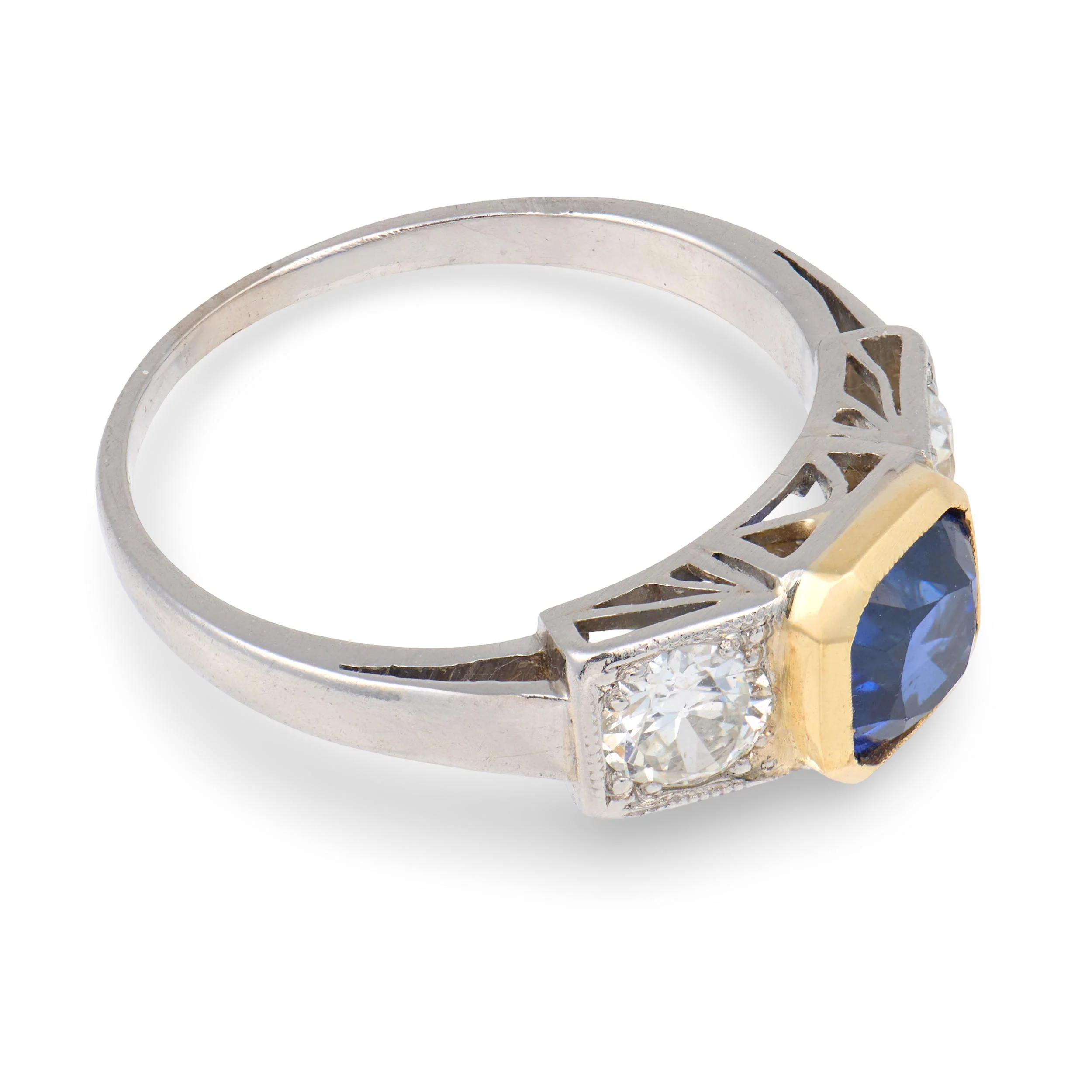 Edwardian 18k/Platinum Sapphire & Diamond Three Stone Ring - Image 3