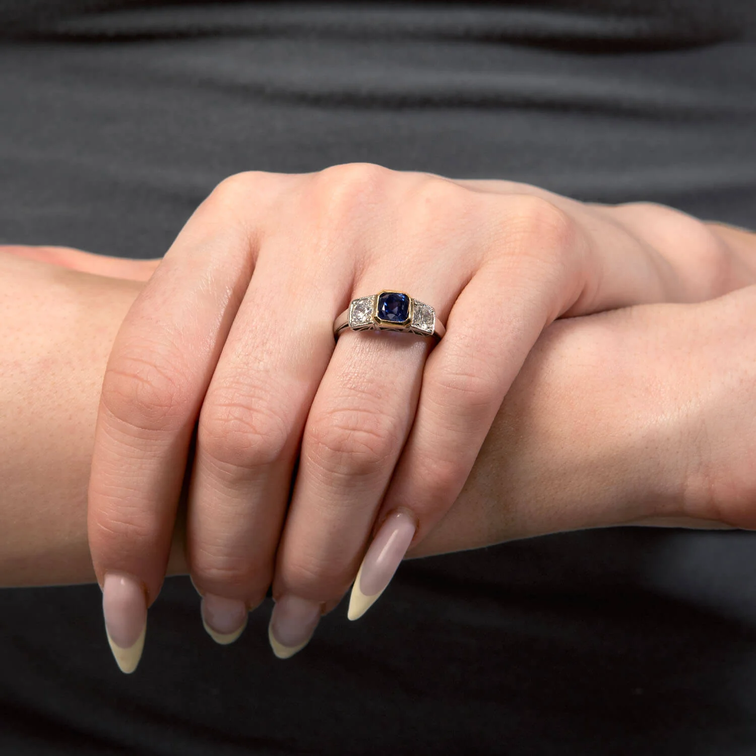 Edwardian 18k/Platinum Sapphire & Diamond Three Stone Ring - Image 6