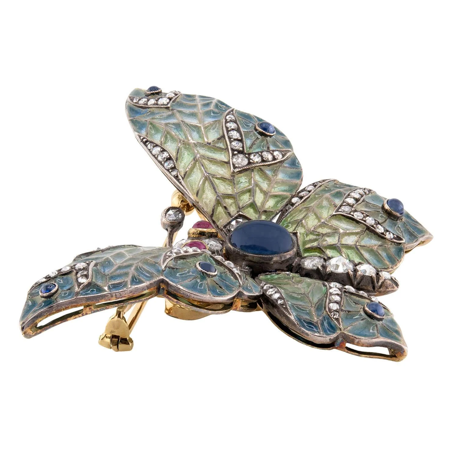 Edwardian 18k/Sterling Plique-À-Jour Sapphire, Ruby, & Diamond Butterfly Brooch - Image 2