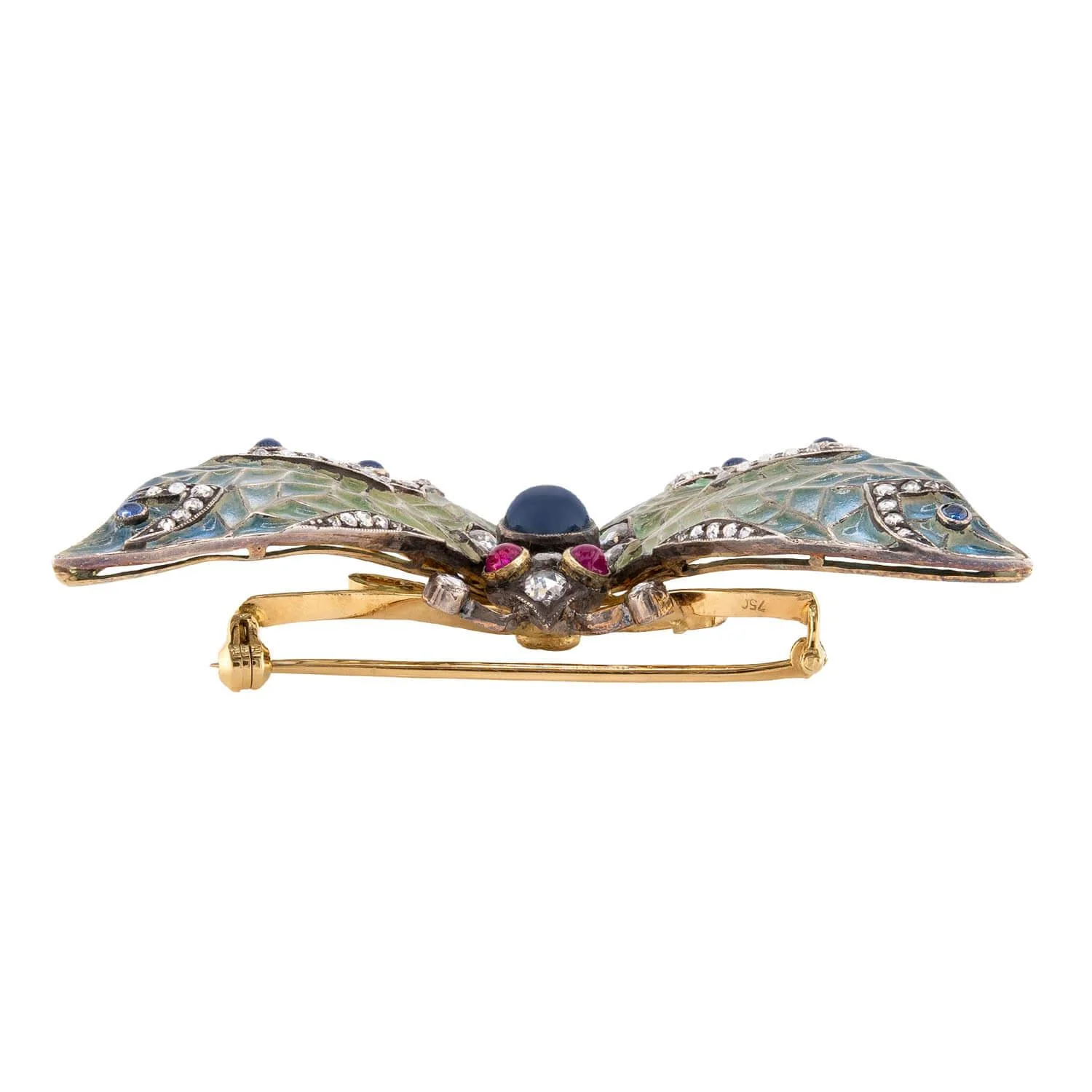 Edwardian 18k/Sterling Plique-À-Jour Sapphire, Ruby, & Diamond Butterfly Brooch - Image 3