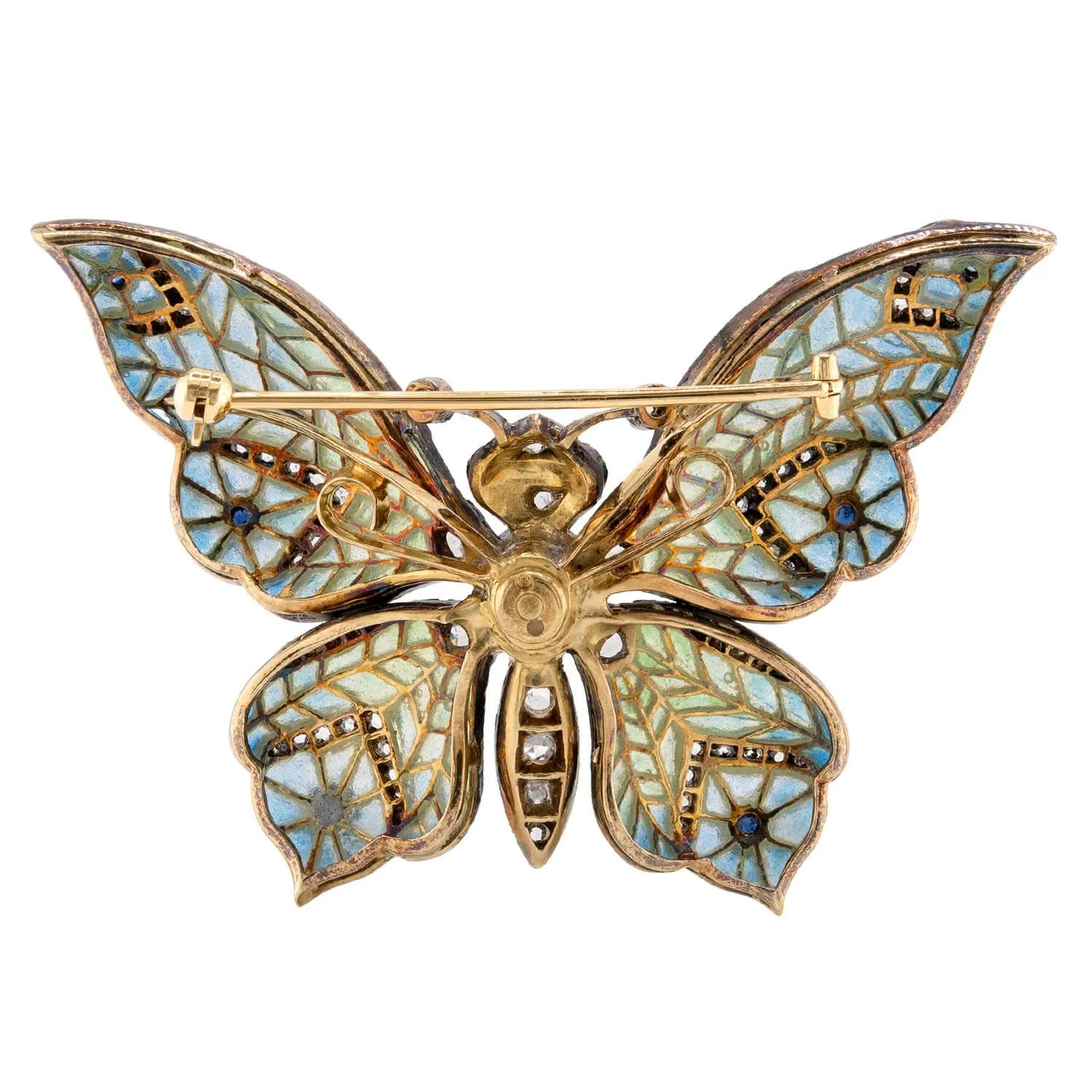 Edwardian 18k/Sterling Plique-À-Jour Sapphire, Ruby, & Diamond Butterfly Brooch - Image 4