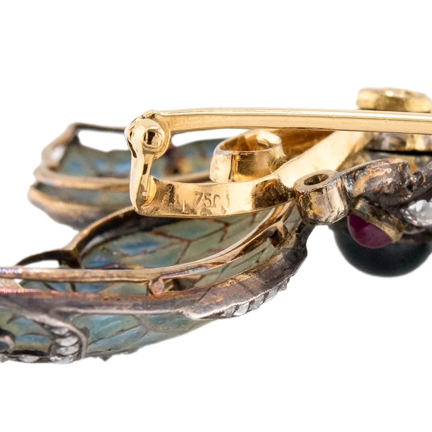 Edwardian 18k/Sterling Plique-À-Jour Sapphire, Ruby, & Diamond Butterfly Brooch - Image 5