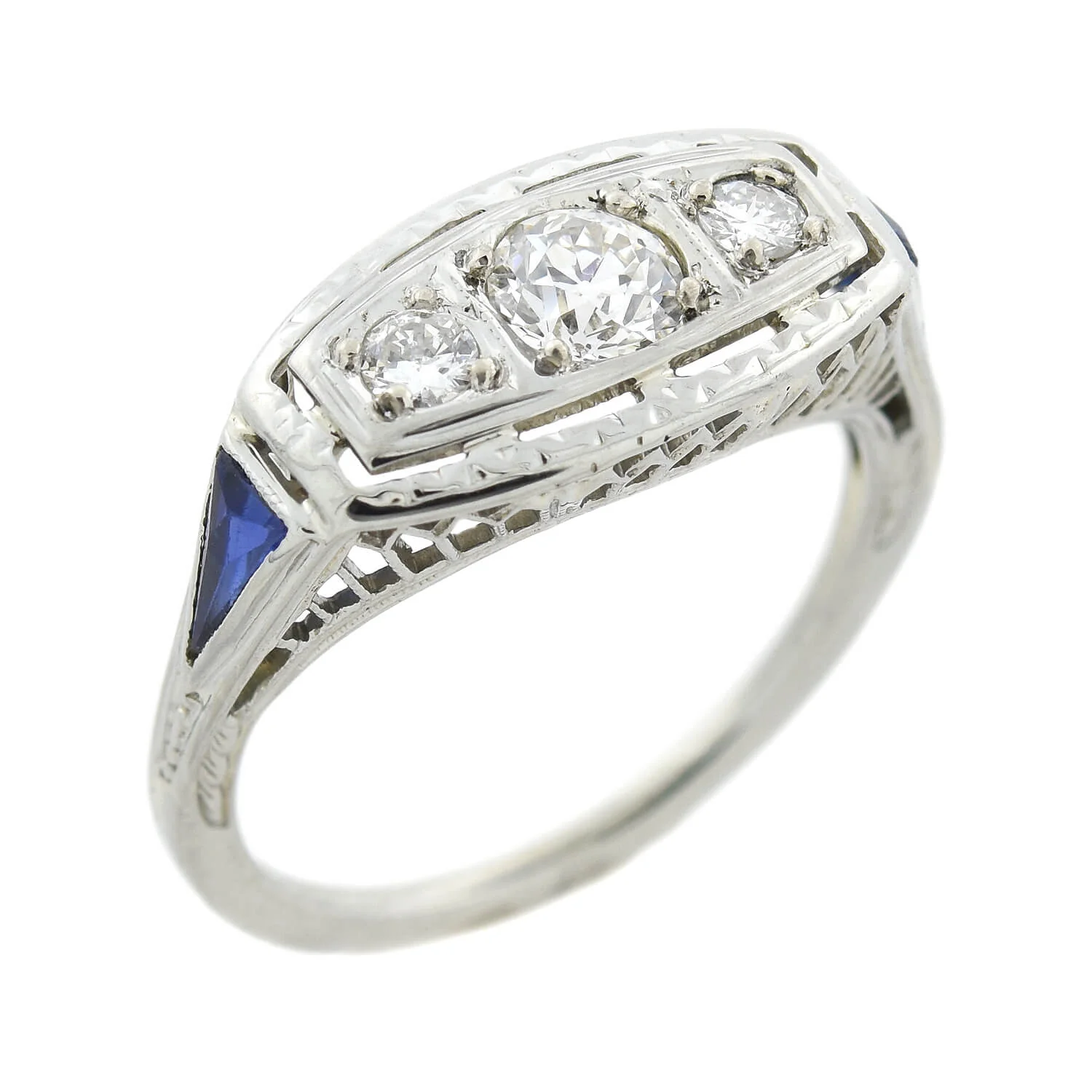 Edwardian 18kt Diamond + Sapphire 3-Stone Ring 0.50ctw. - Image 4