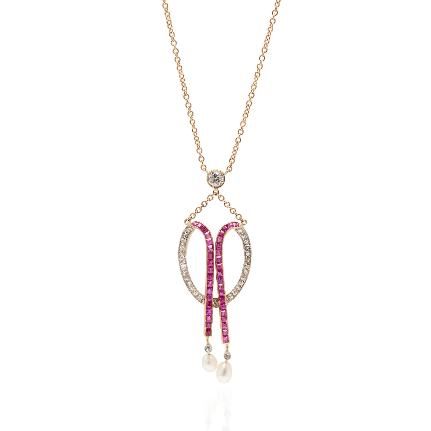 Edwardian 18kt/Platinum Diamond, Calibrated Ruby + Natural Pearl Necklace