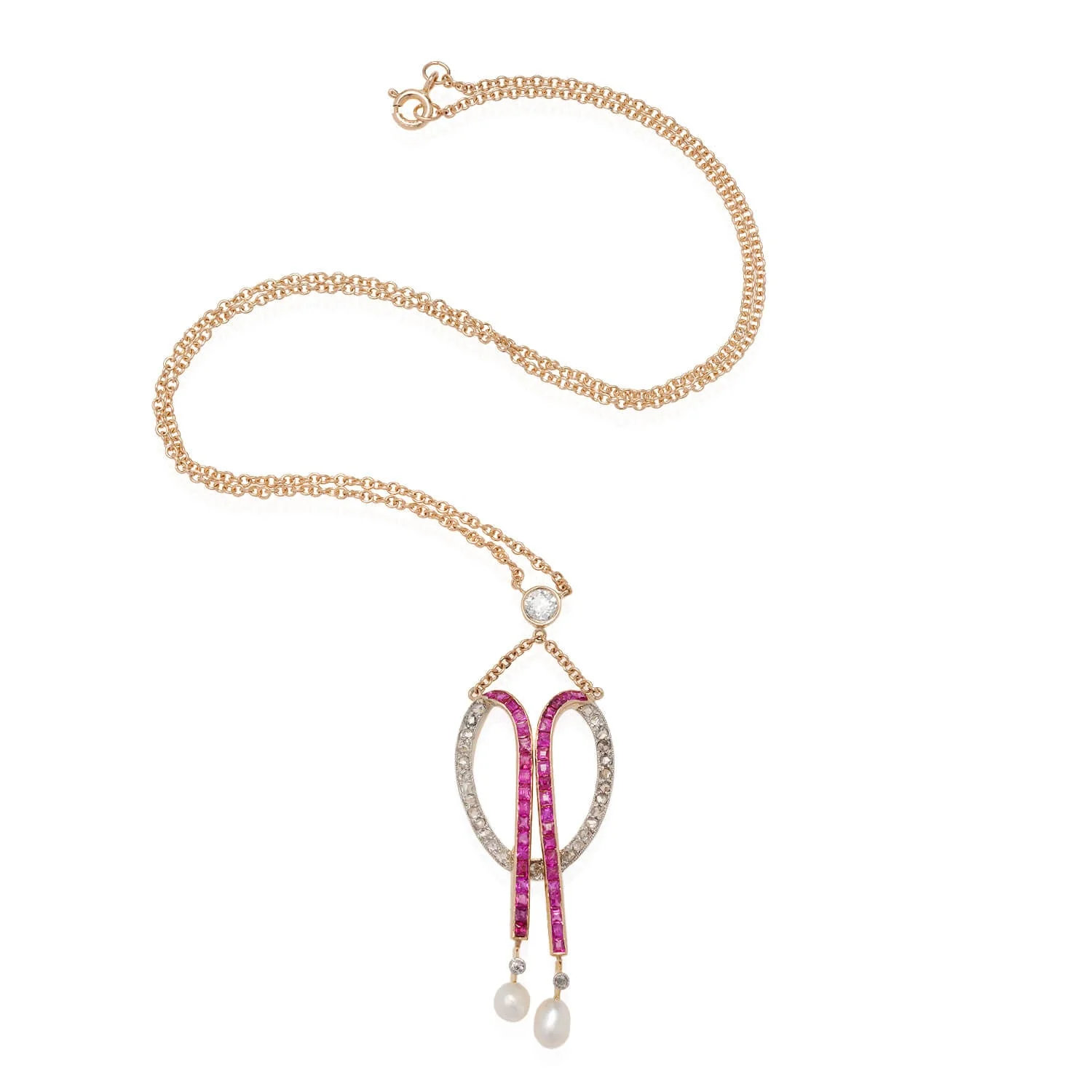 Edwardian 18kt/Platinum Diamond, Calibrated Ruby + Natural Pearl Necklace - Image 2