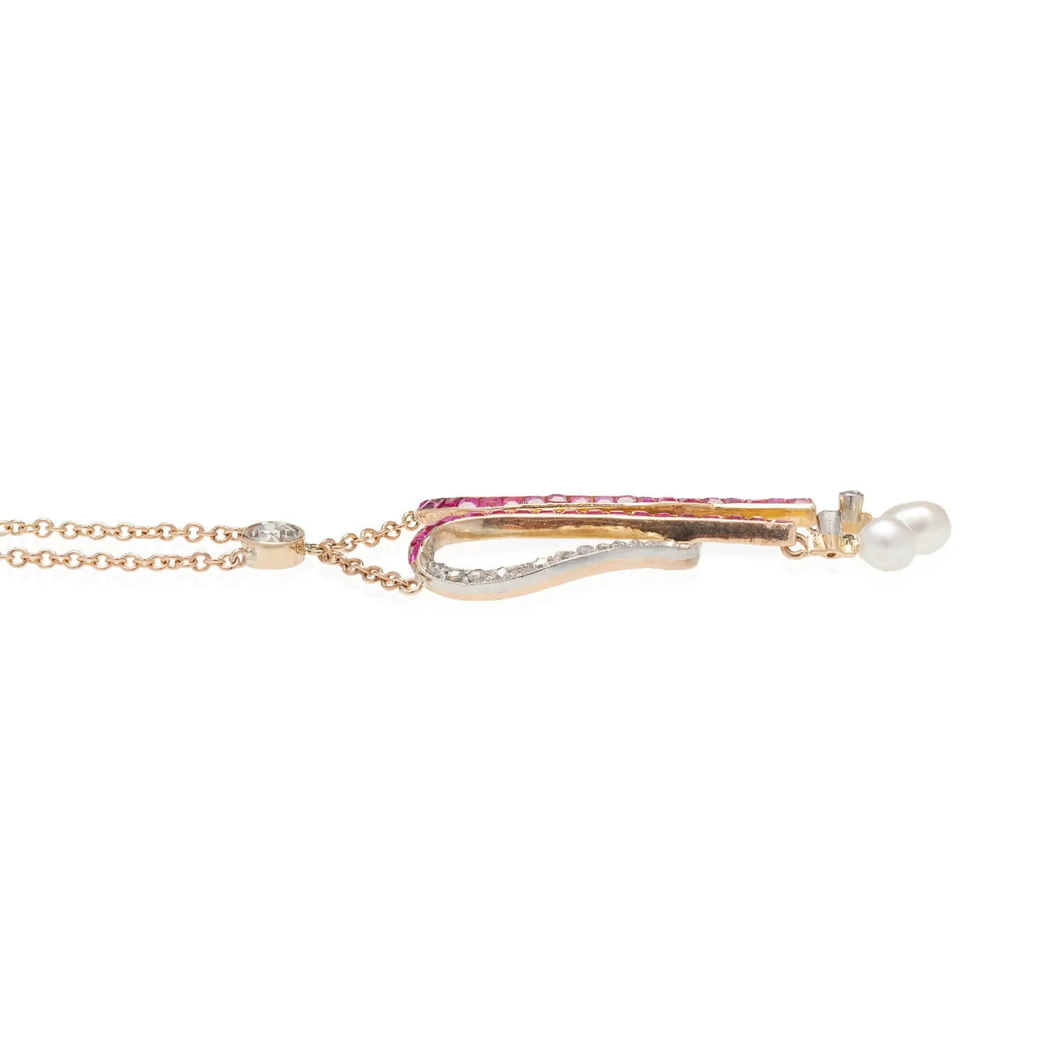 Edwardian 18kt/Platinum Diamond, Calibrated Ruby + Natural Pearl Necklace - Image 3