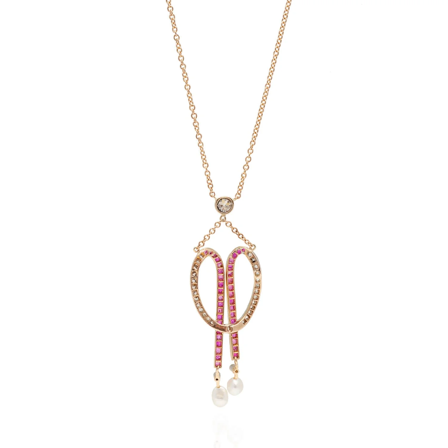 Edwardian 18kt/Platinum Diamond, Calibrated Ruby + Natural Pearl Necklace - Image 4