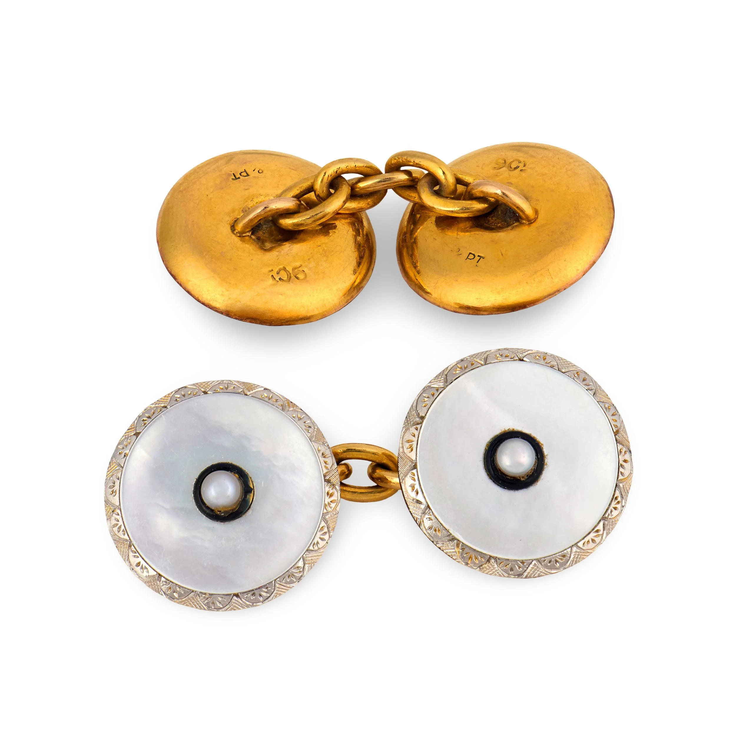 Edwardian 9k/Platinum Mother of Pearl, Pearl, & Enamel Cufflink Set - Image 4