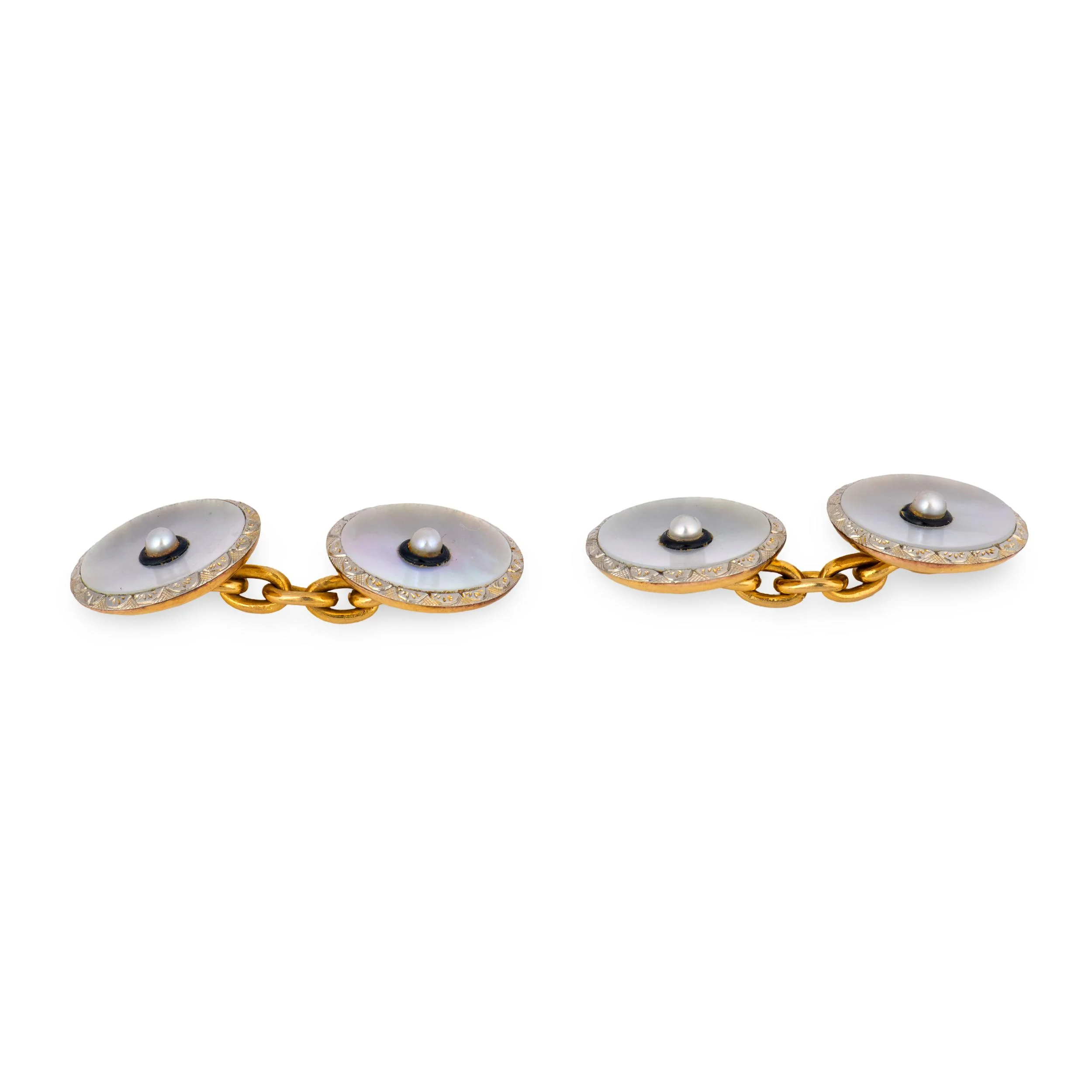 Edwardian 9k/Platinum Mother of Pearl, Pearl, & Enamel Cufflink Set - Image 5