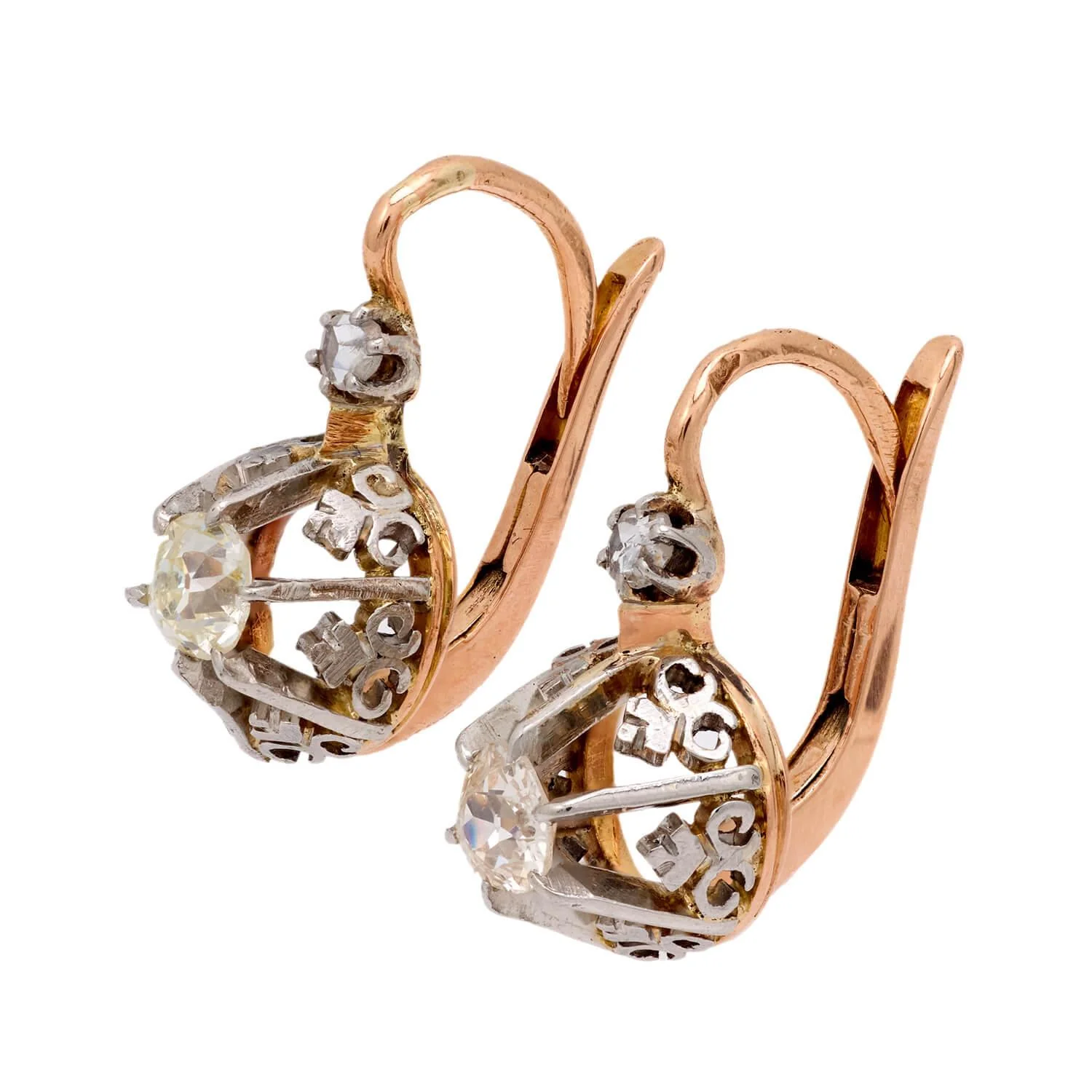 Edwardian French 18k/Platinum Diamond Earrings - Image 2