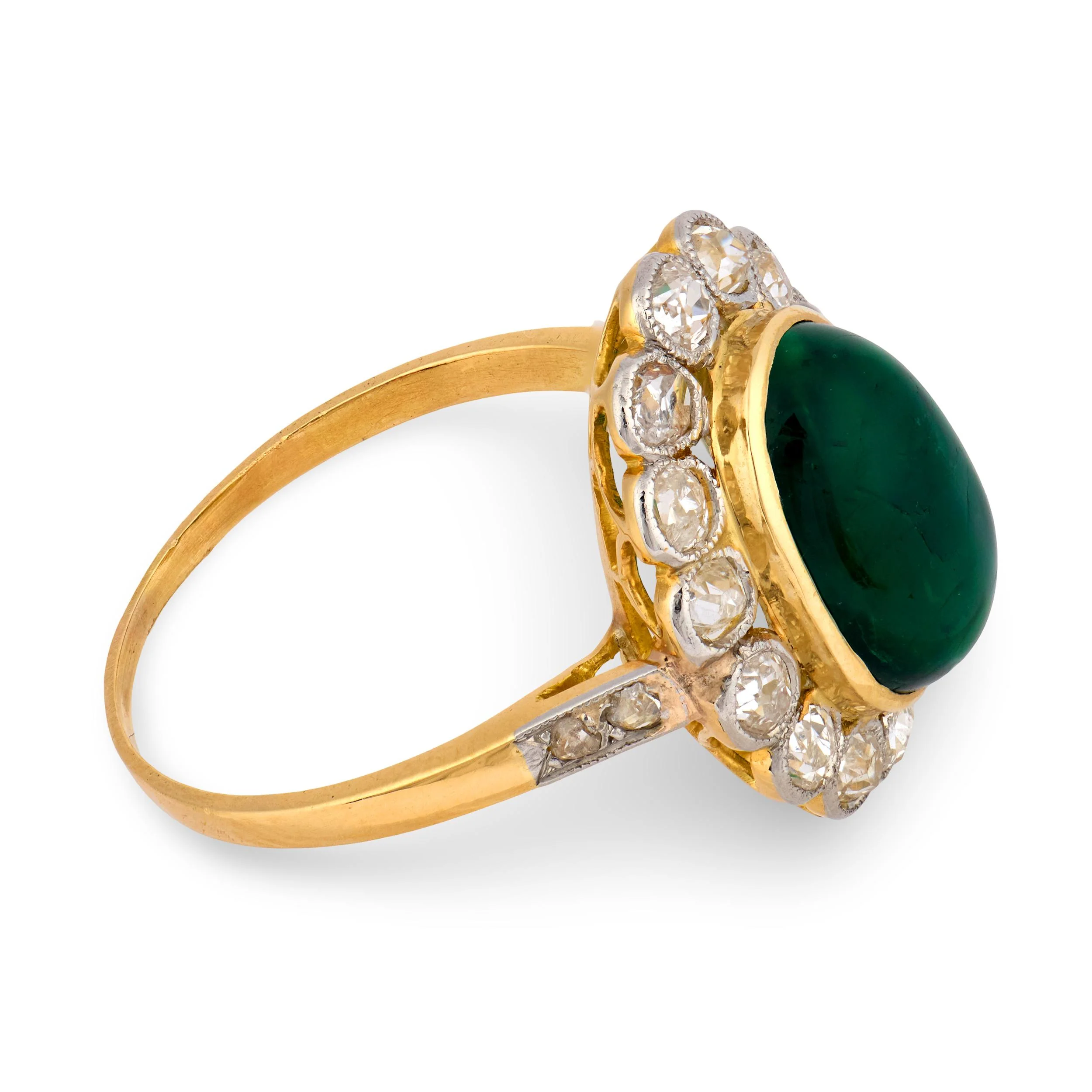 Edwardian French 18k/Platinum Emerald & Diamond Halo Ring - Image 3