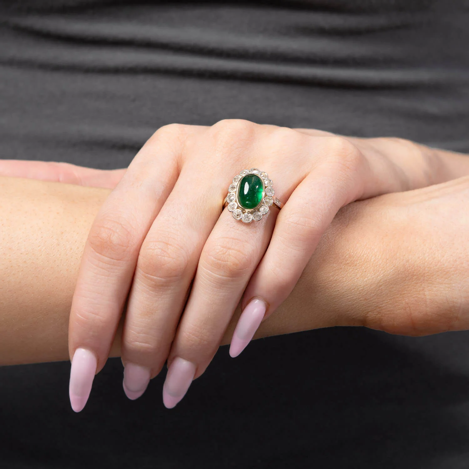 Edwardian French 18k/Platinum Emerald & Diamond Halo Ring - Image 6