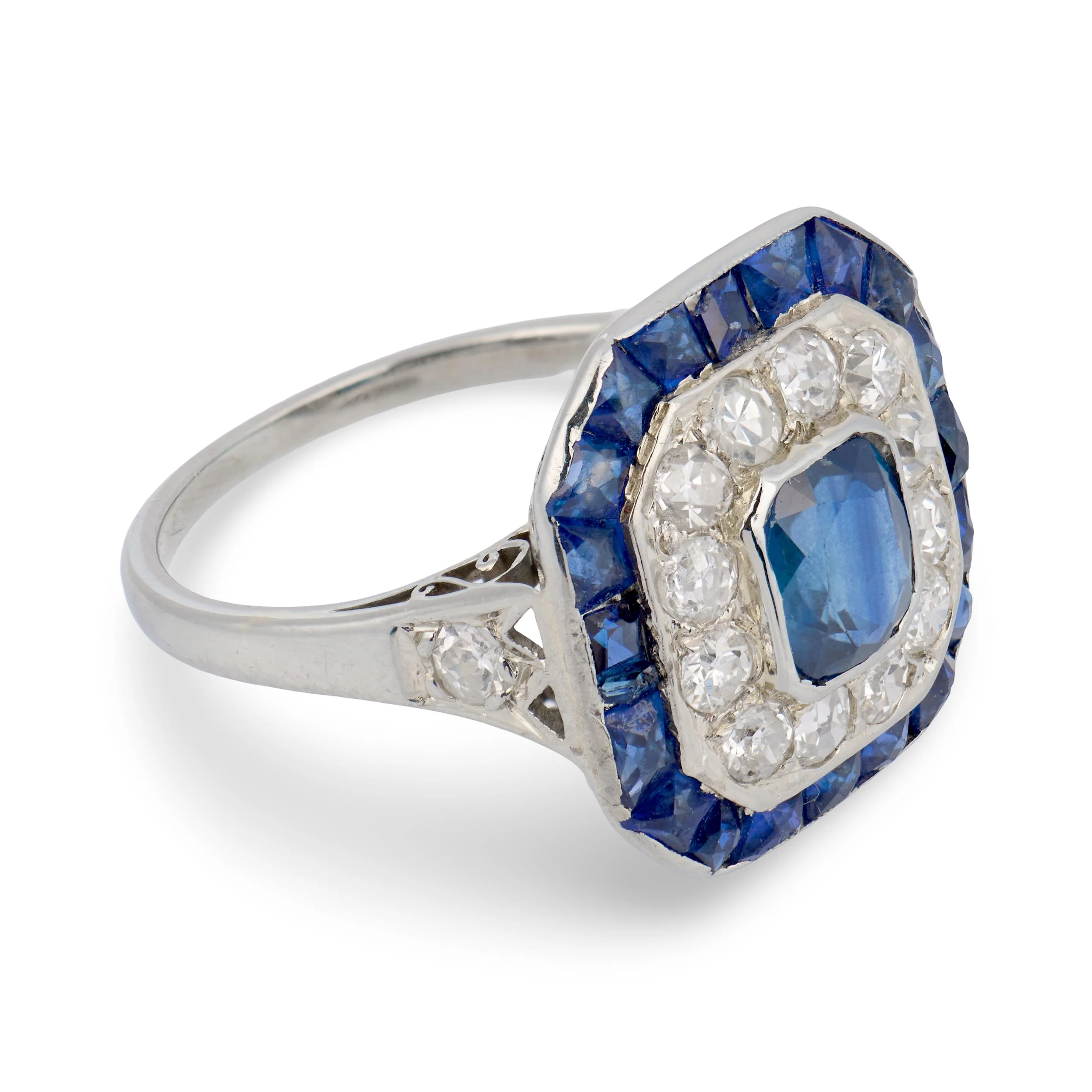 Edwardian French Platinum Sapphire & Diamond Halo Ring - Image 3