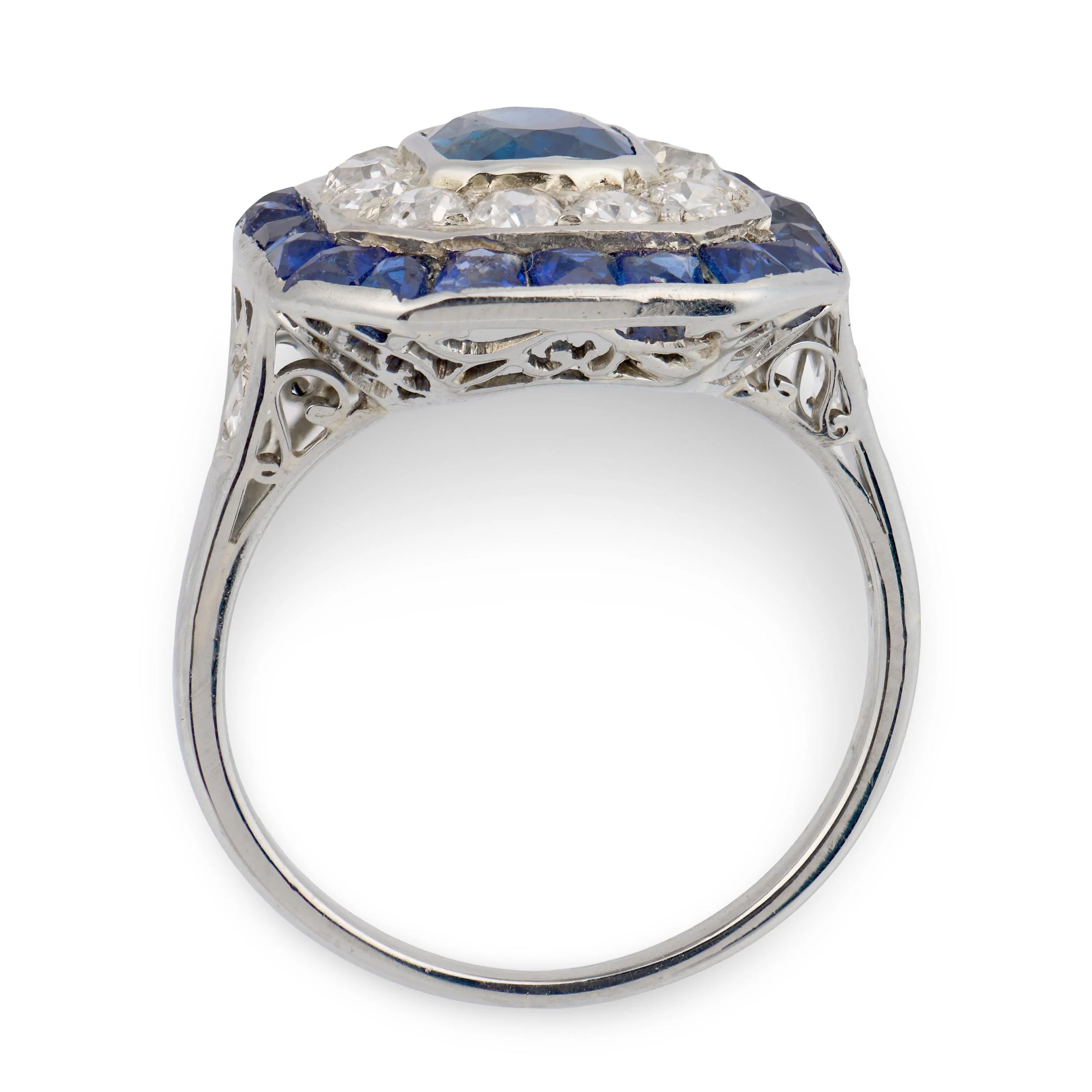 Edwardian French Platinum Sapphire & Diamond Halo Ring - Image 4