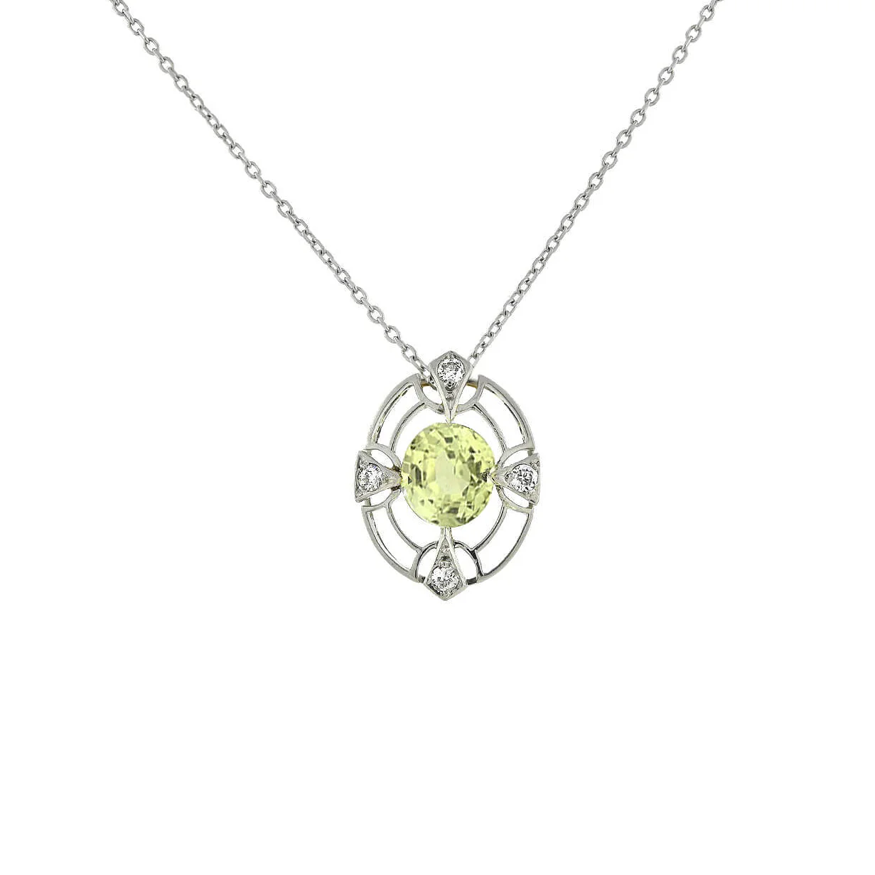 Edwardian Platinum/14kt Chrysoberyl + Diamond Pendant Necklace
