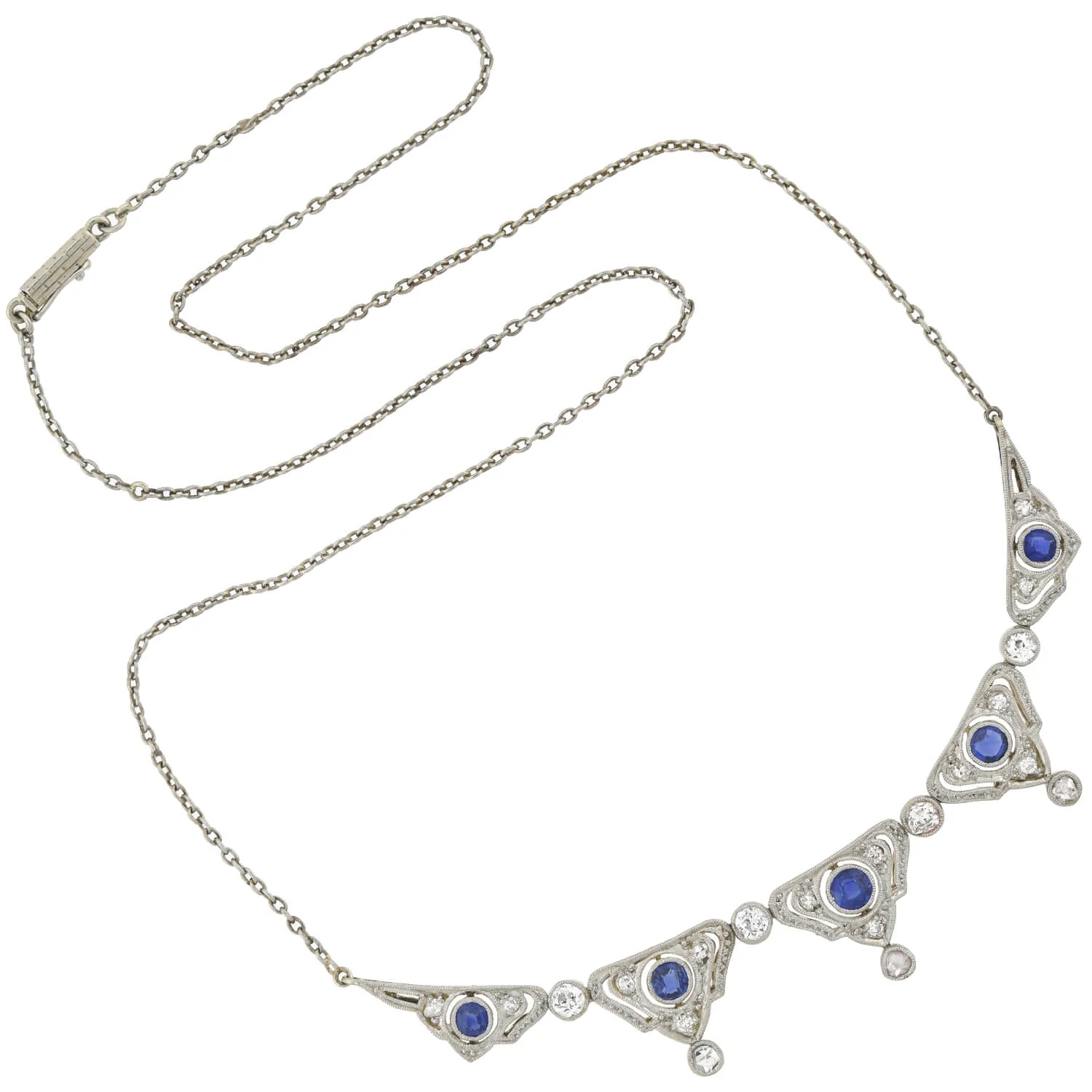 Edwardian Platinum/14kt Diamond + Natural Sapphire Necklace - Image 2