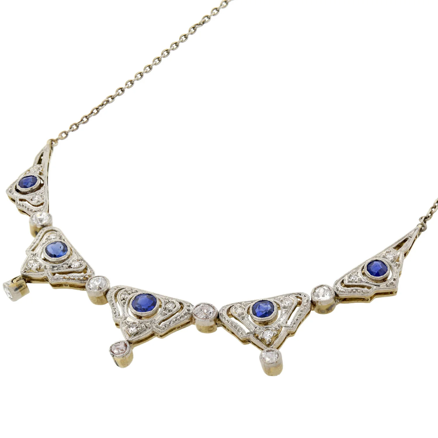 Edwardian Platinum/14kt Diamond + Natural Sapphire Necklace - Image 3