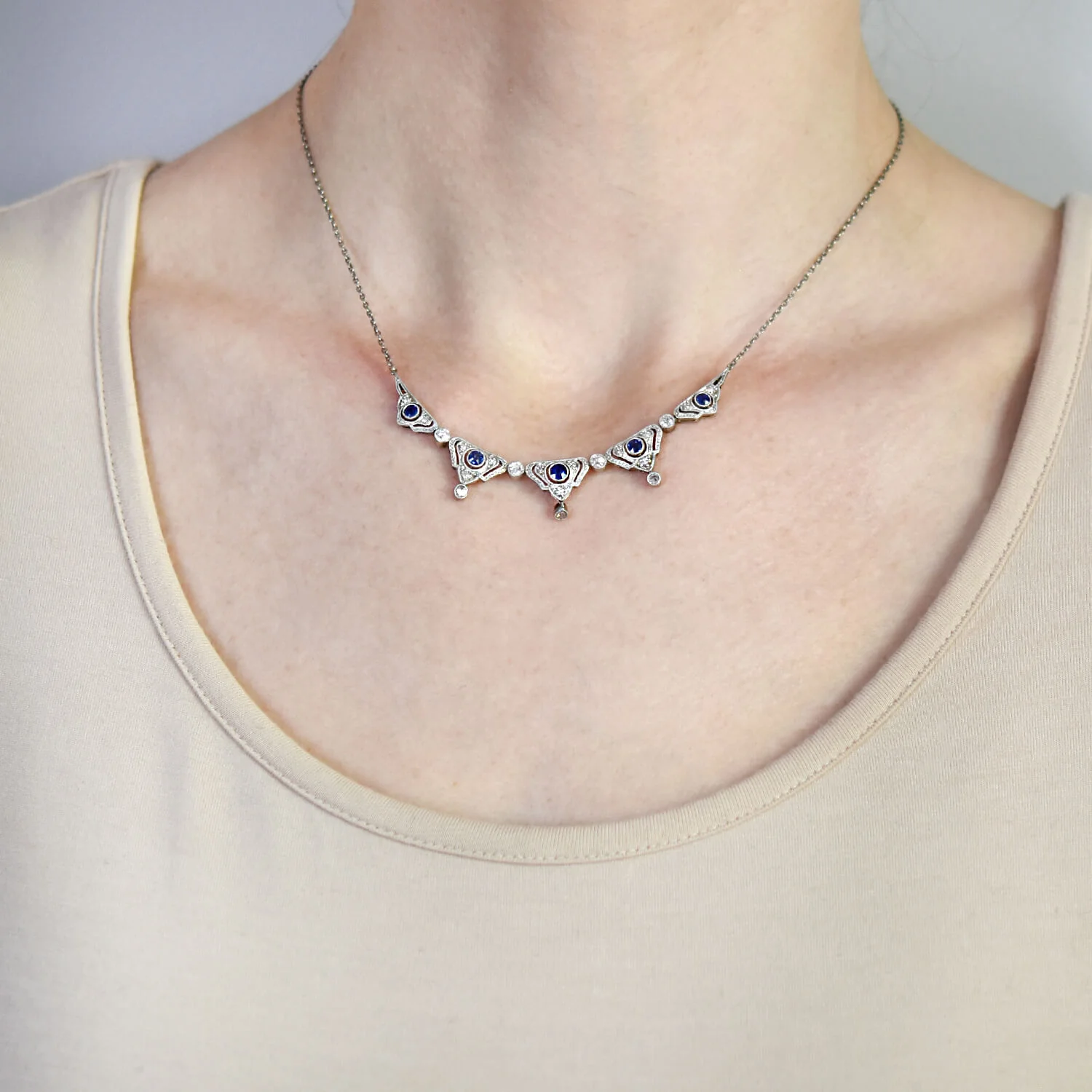 Edwardian Platinum/14kt Diamond + Natural Sapphire Necklace - Image 6