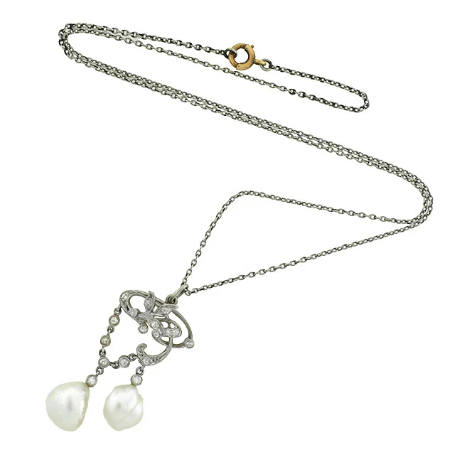 Edwardian Platinum/14kt Diamond & Pearl Lavalier Necklace - Image 2