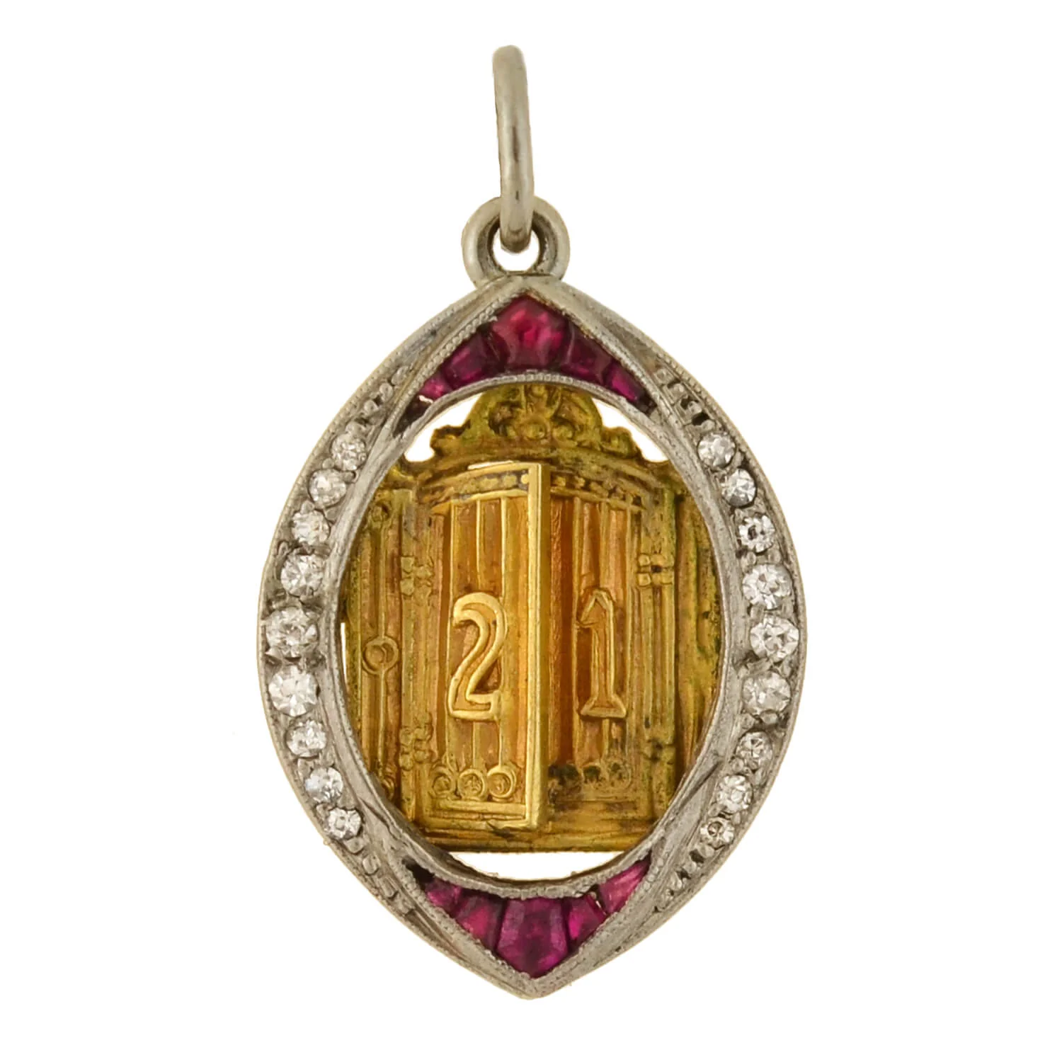 Edwardian Platinum/14kt Ruby + Diamond "21" Golden Door Charm Pendant - Image 2